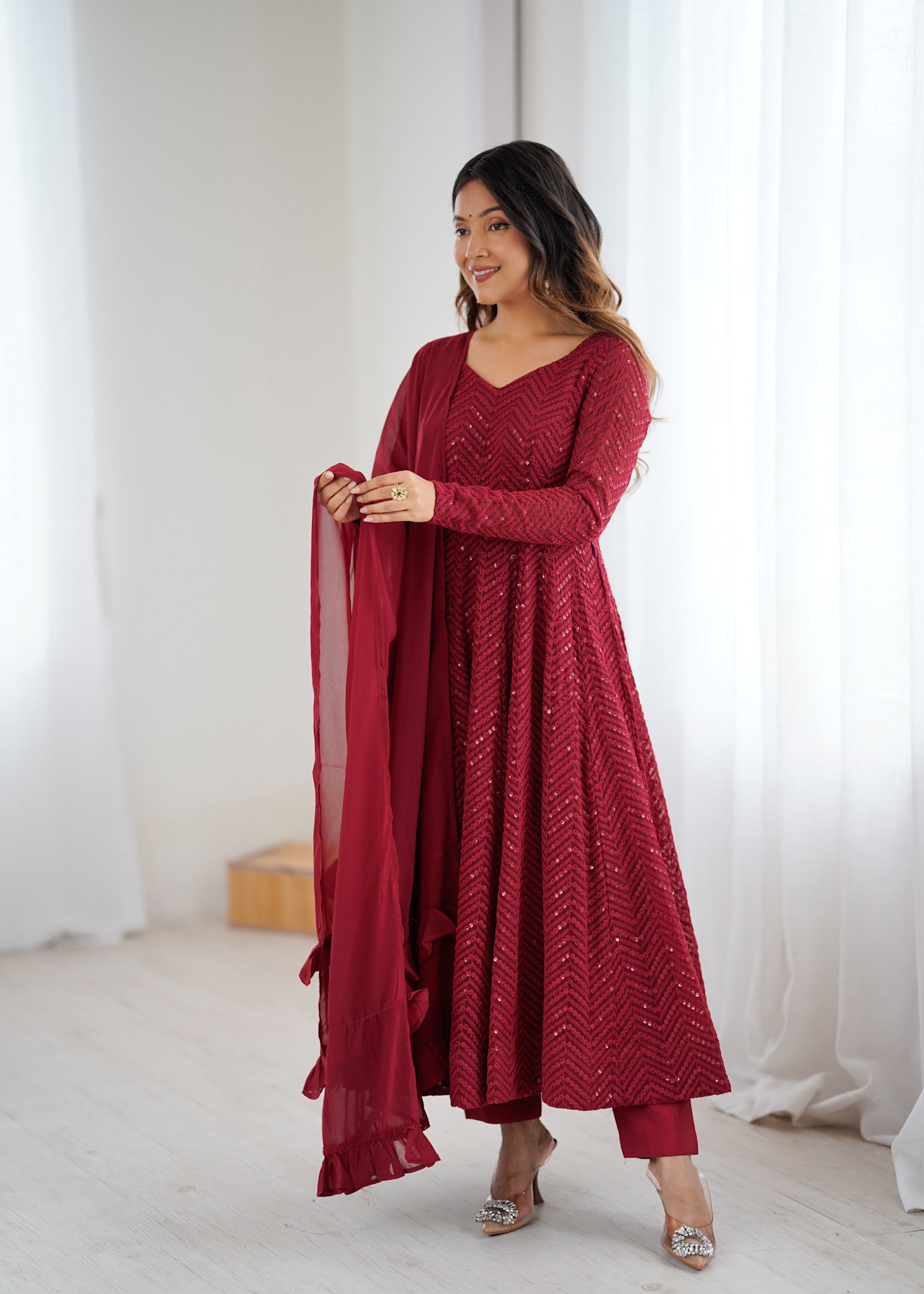 Maroon Lucknowi Work Anarkali Suit Set