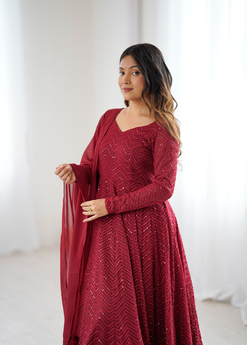 Maroon Lucknowi Work Anarkali Suit Set