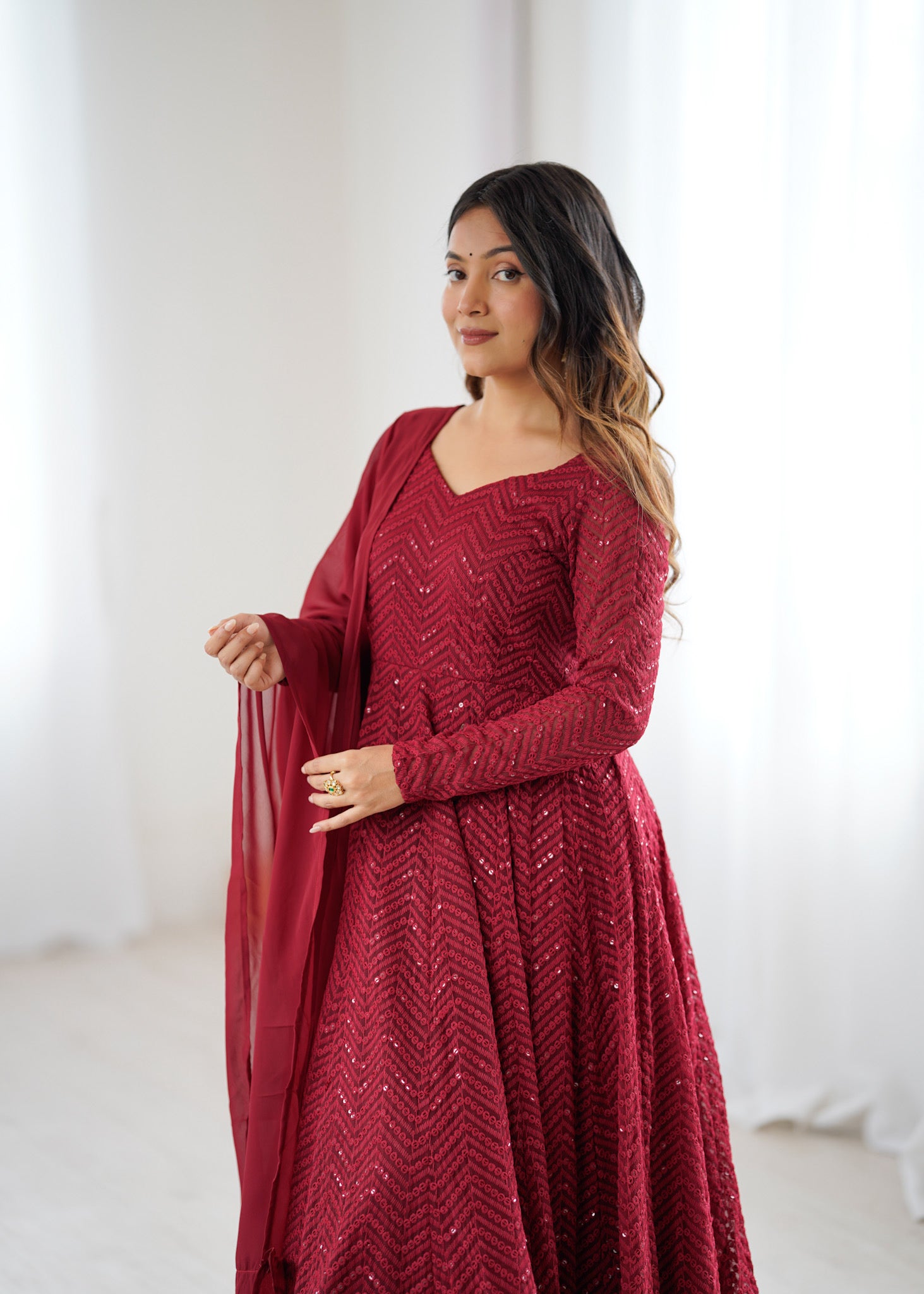 Maroon Lucknowi Work Anarkali Suit Set