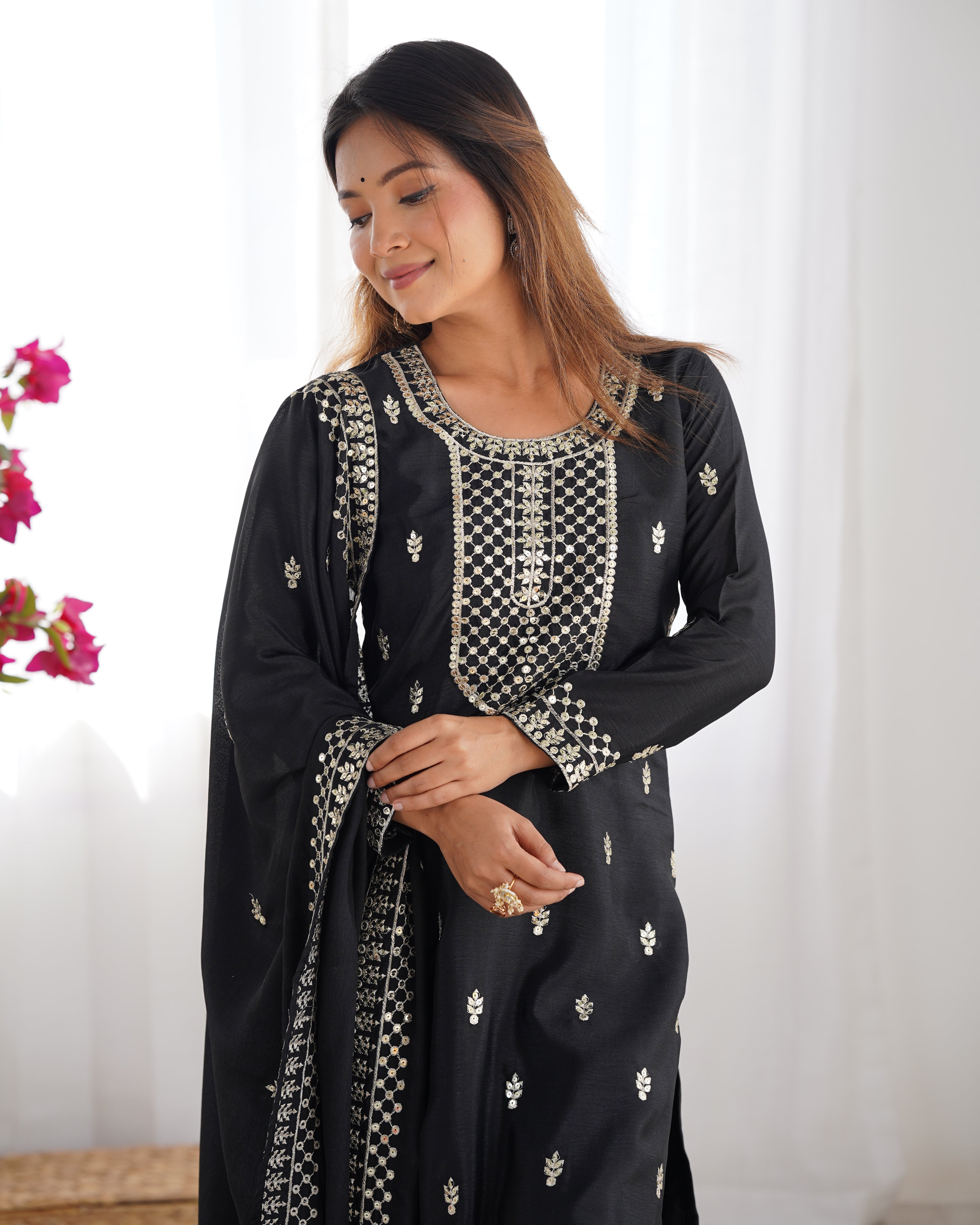 Black Silk Embroidery Kurta Set