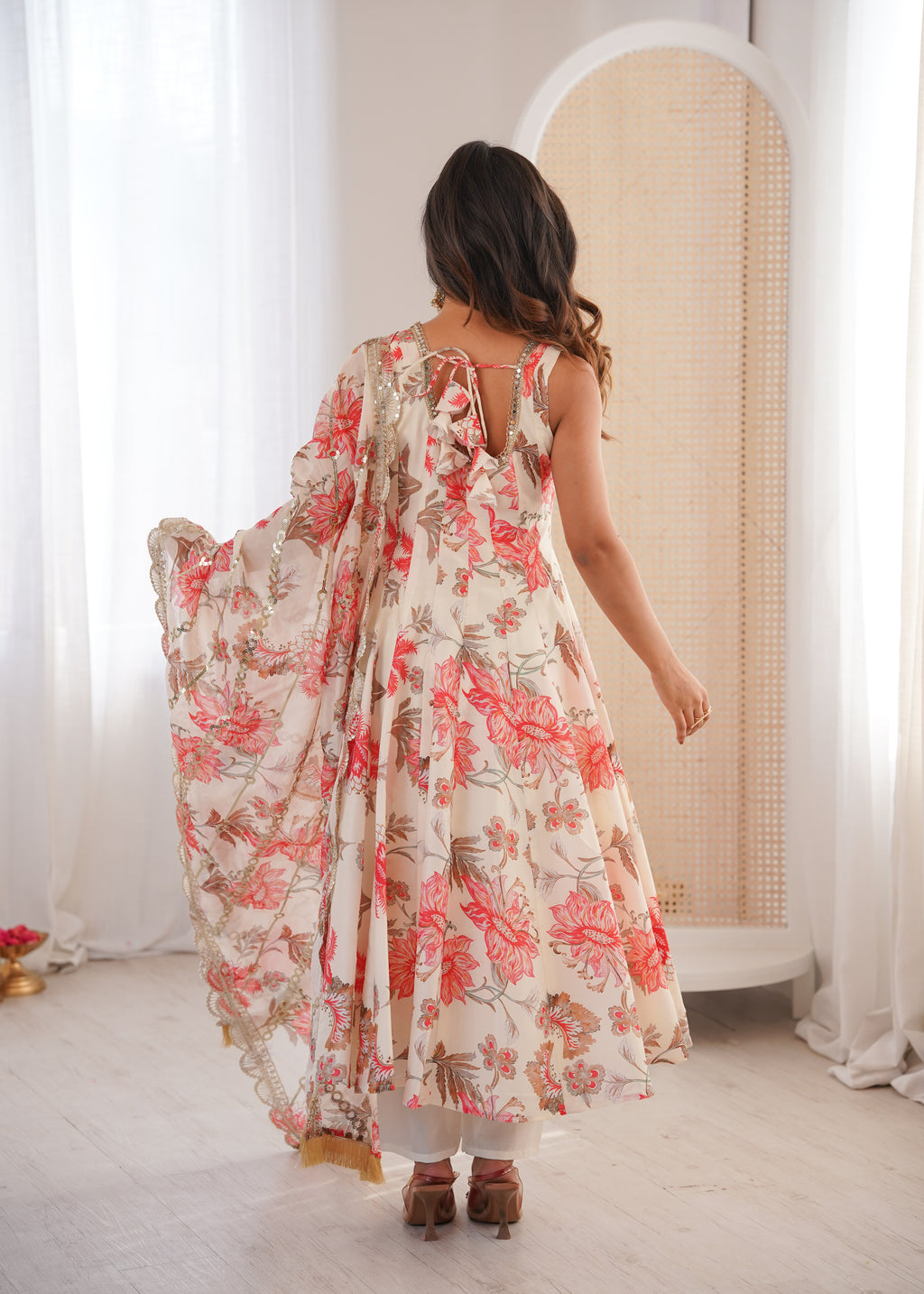 Floral Muslin Anarkali Gown & Organza Dupatta Set | Fully Stitched