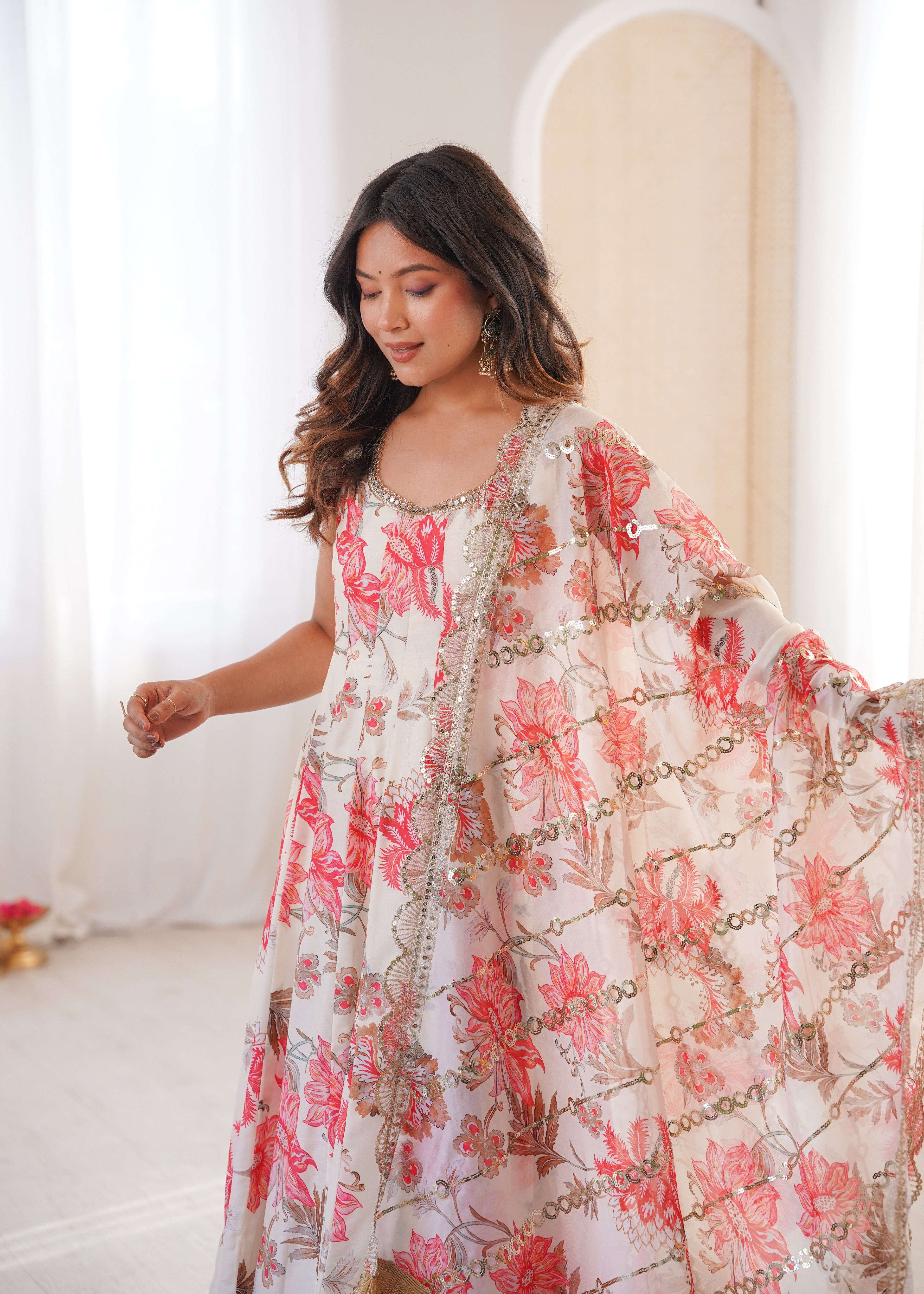 Floral Muslin Anarkali Gown & Organza Dupatta Set | Fully Stitched