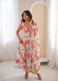 Floral Muslin Anarkali Gown & Organza Dupatta Set | Fully Stitched