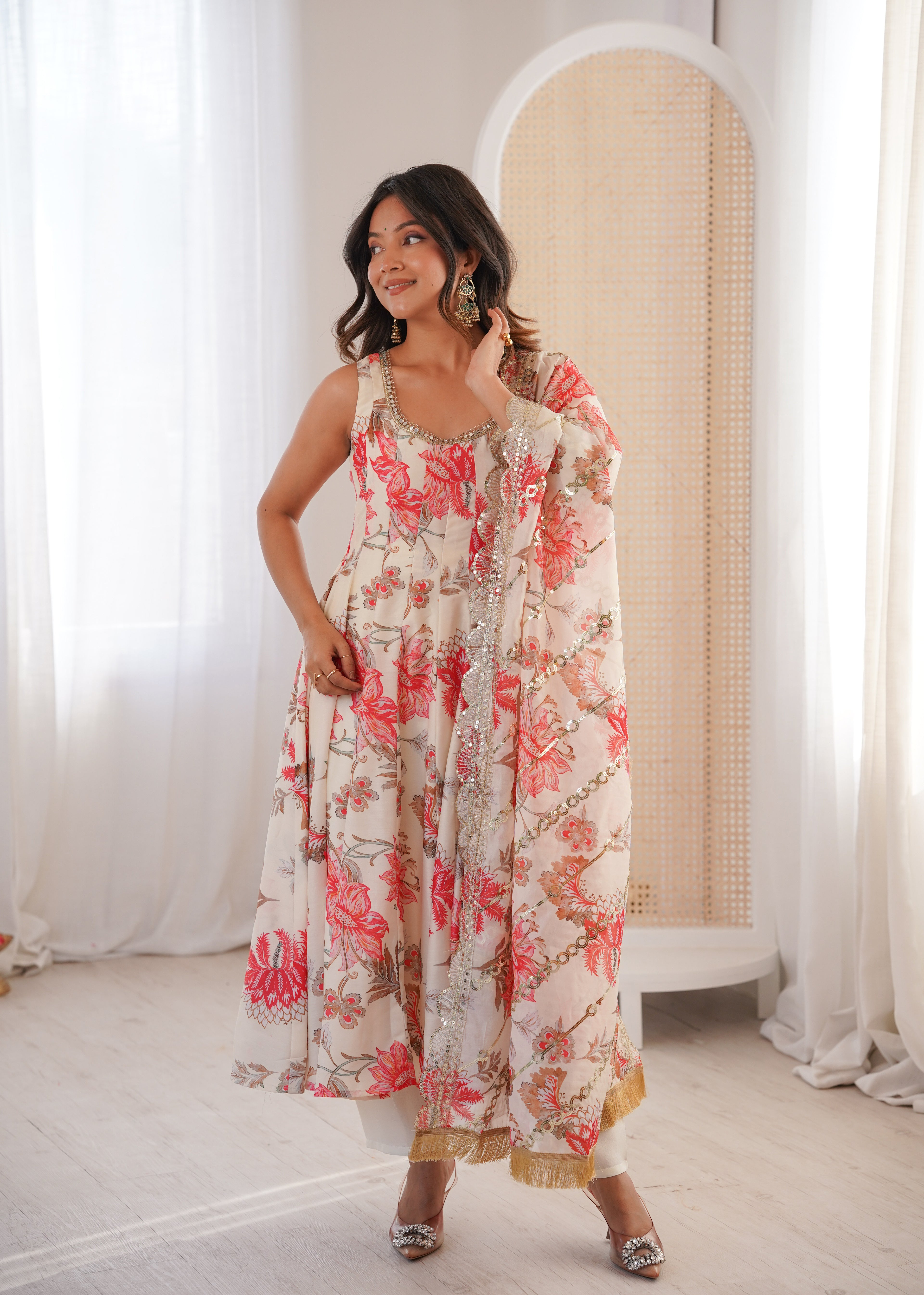 Floral Muslin Anarkali Gown & Organza Dupatta Set | Fully Stitched