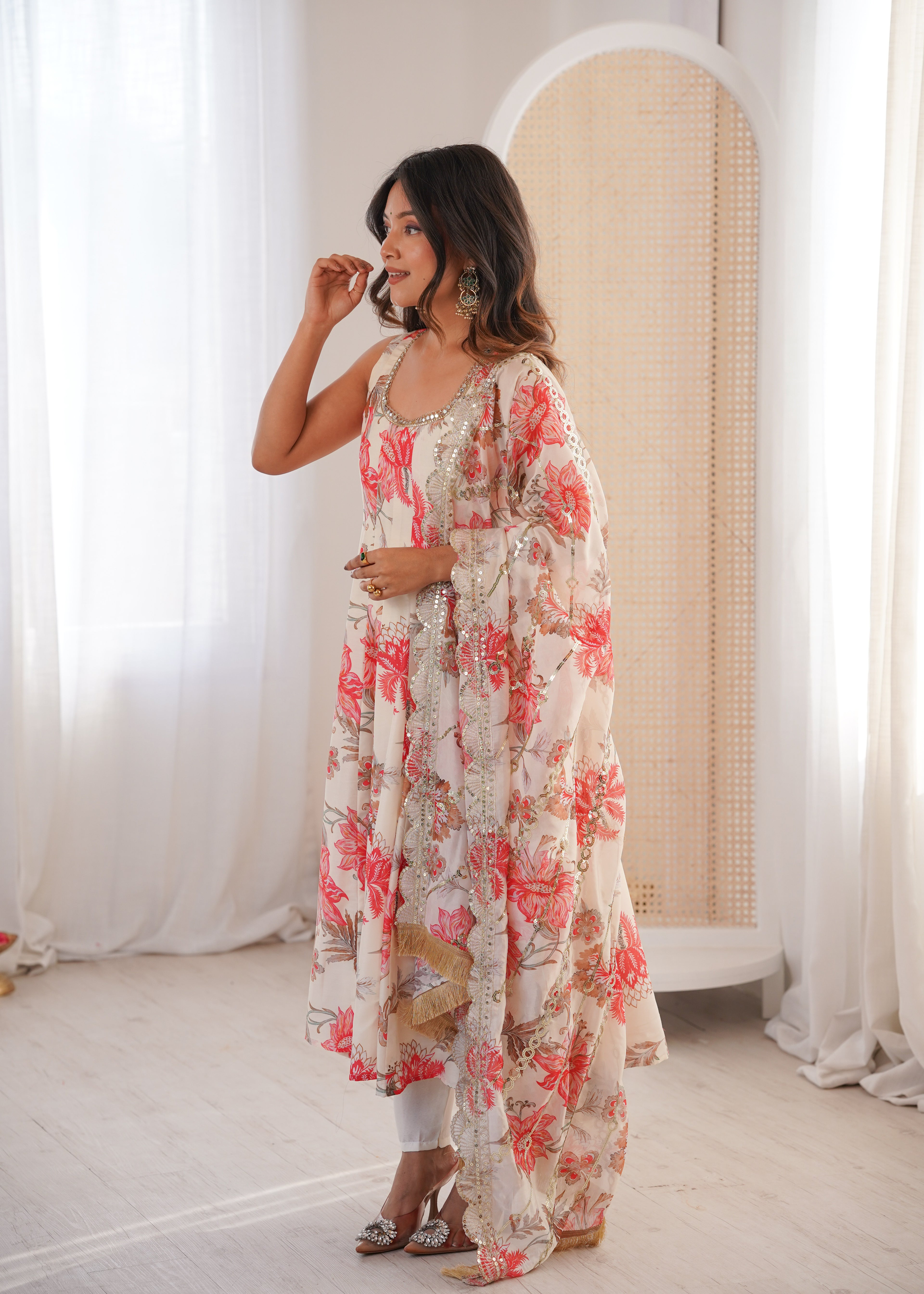Floral Muslin Anarkali Gown & Organza Dupatta Set | Fully Stitched
