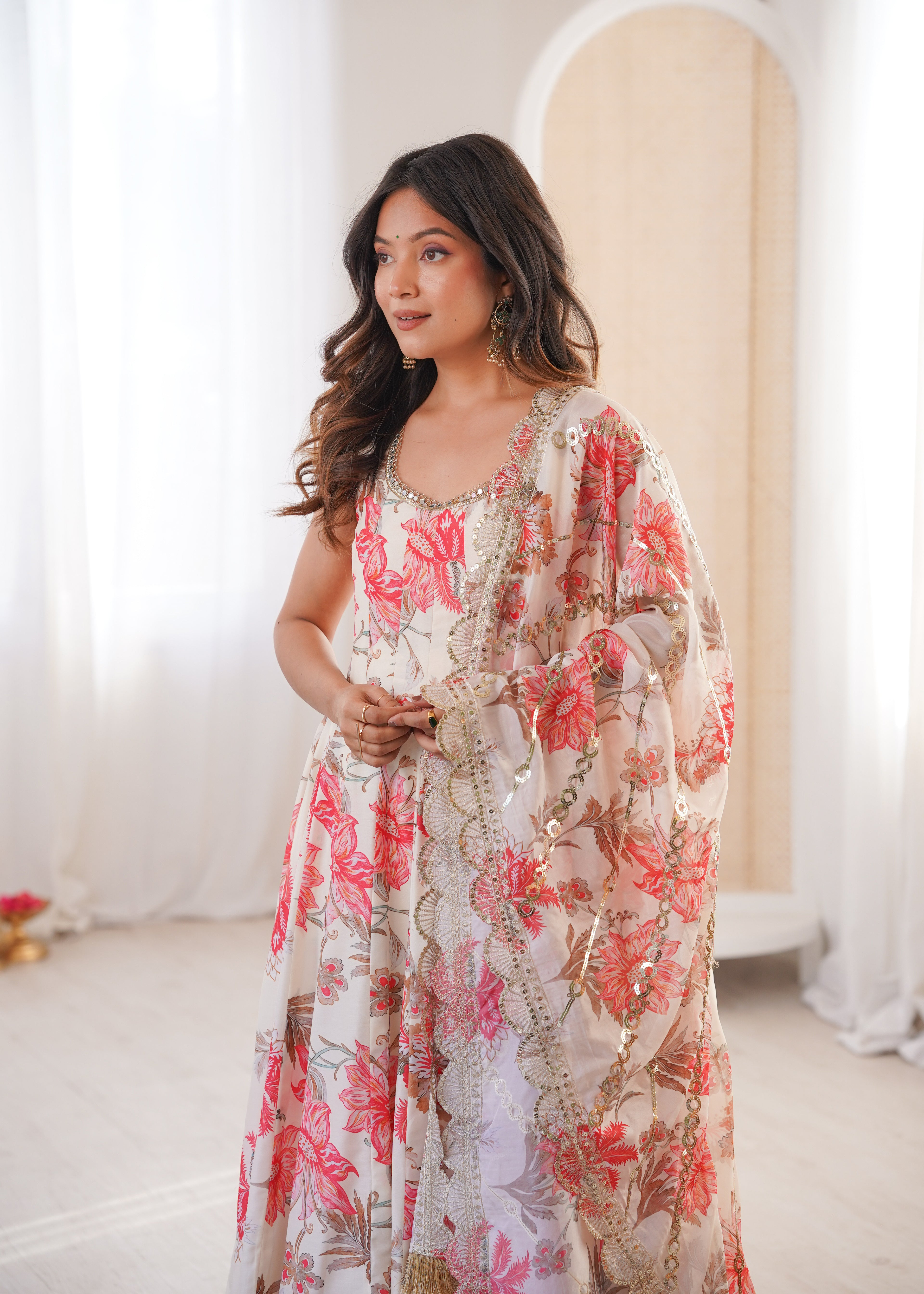 Floral Muslin Anarkali Gown & Organza Dupatta Set | Fully Stitched