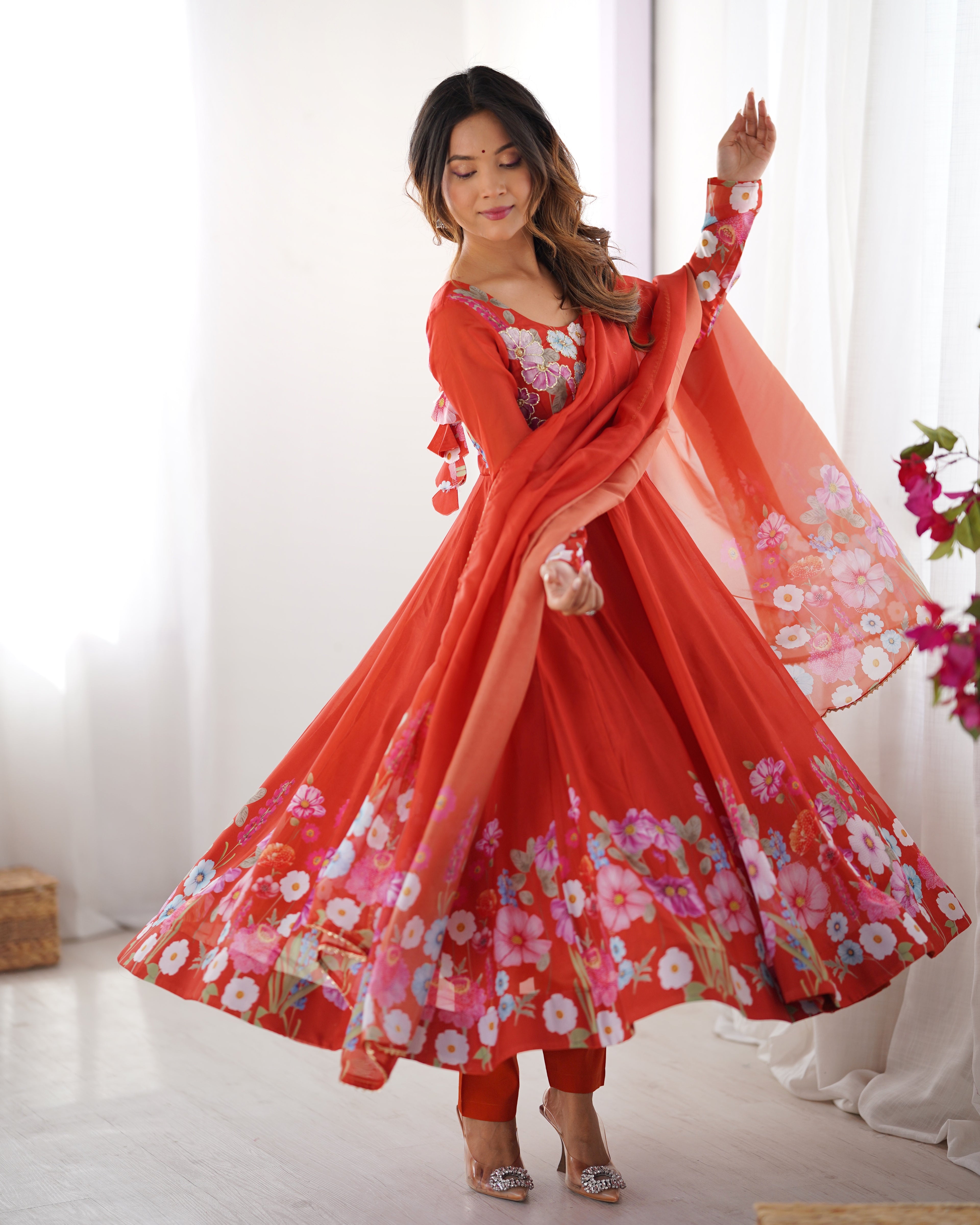Orange Organza Anarkali Suit With Dupatta