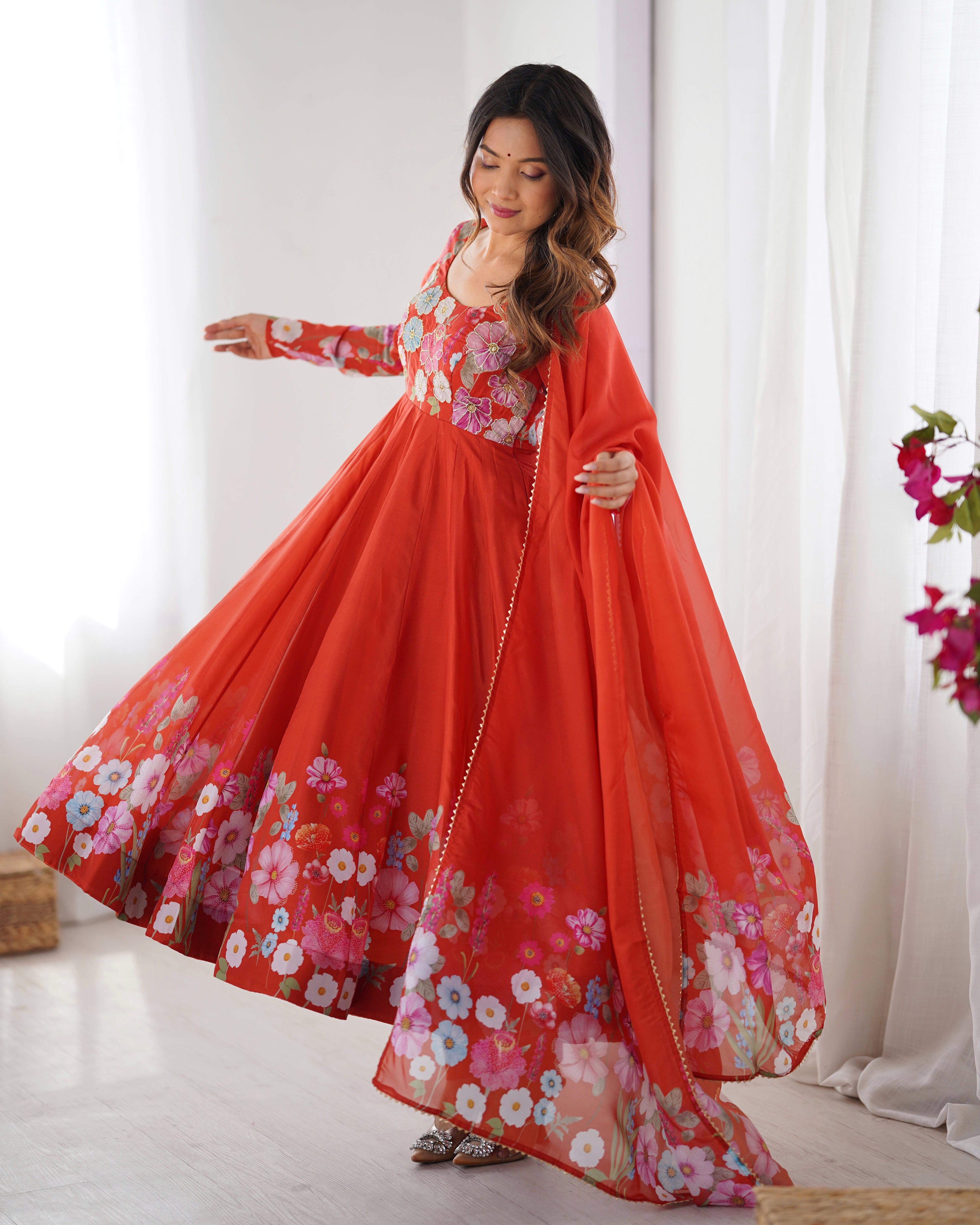 Orange Organza Anarkali Suit With Dupatta