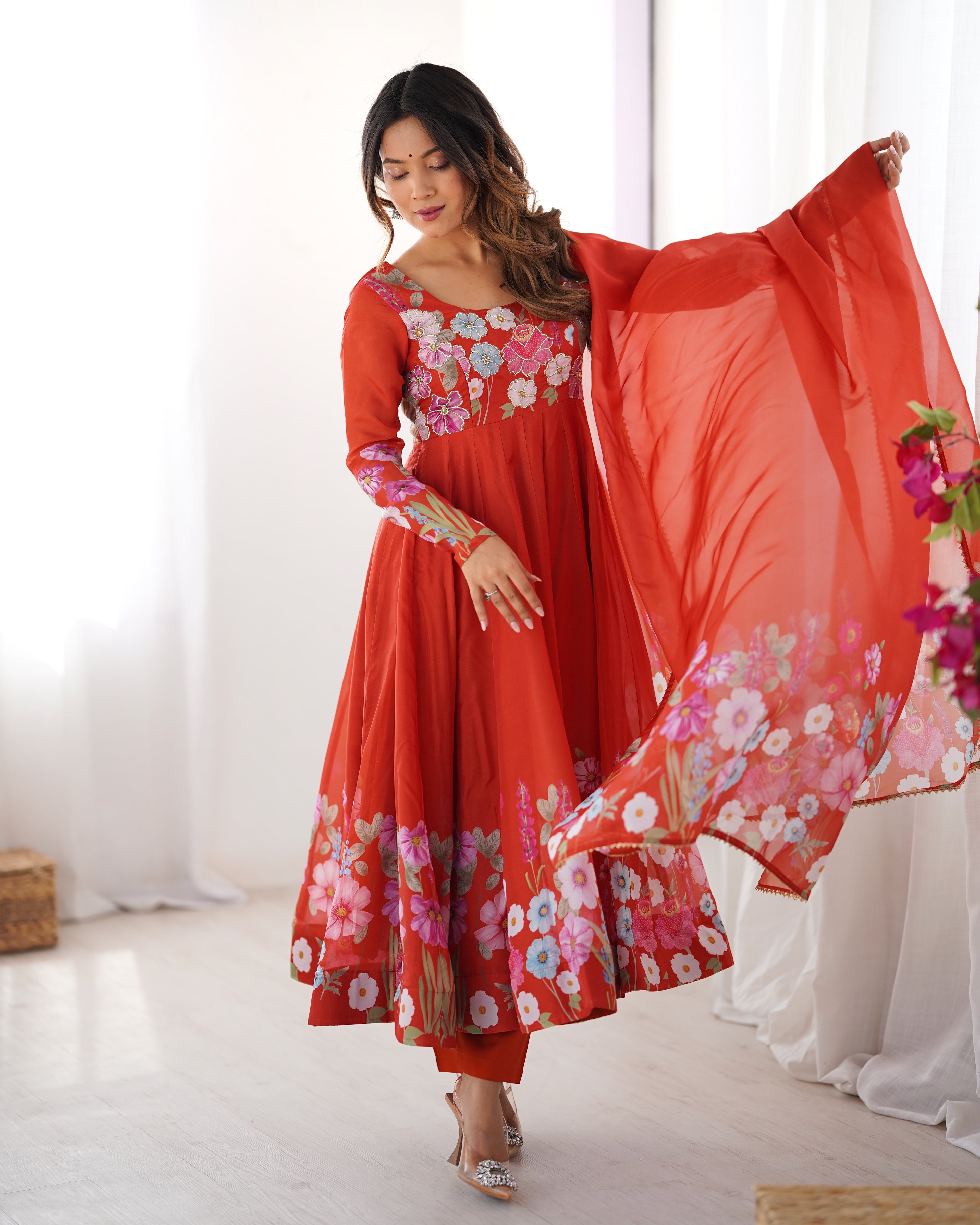 Orange Organza Anarkali Suit With Dupatta