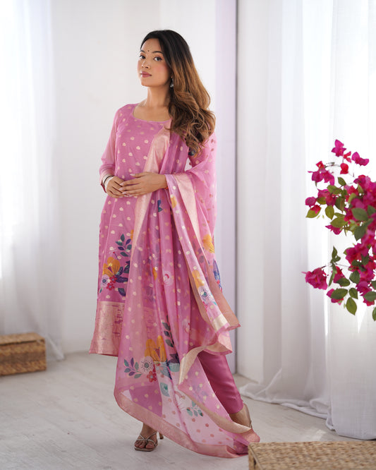 Woman wearing a pink traditional outfit with a floral pattern, standing indoors with white curtains and a plant in the background.