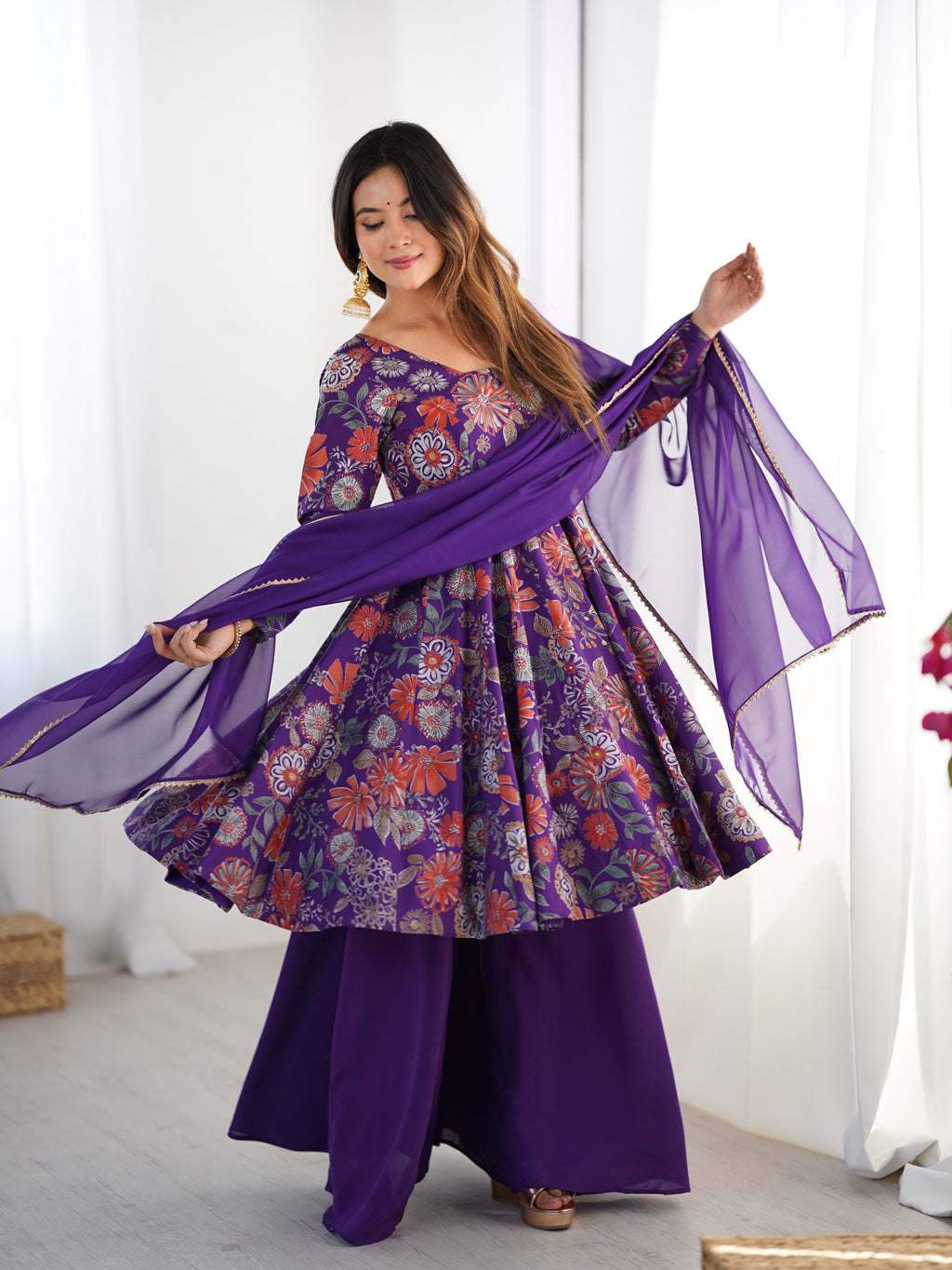 Purple Palazzo Suit Sets With Dupatta