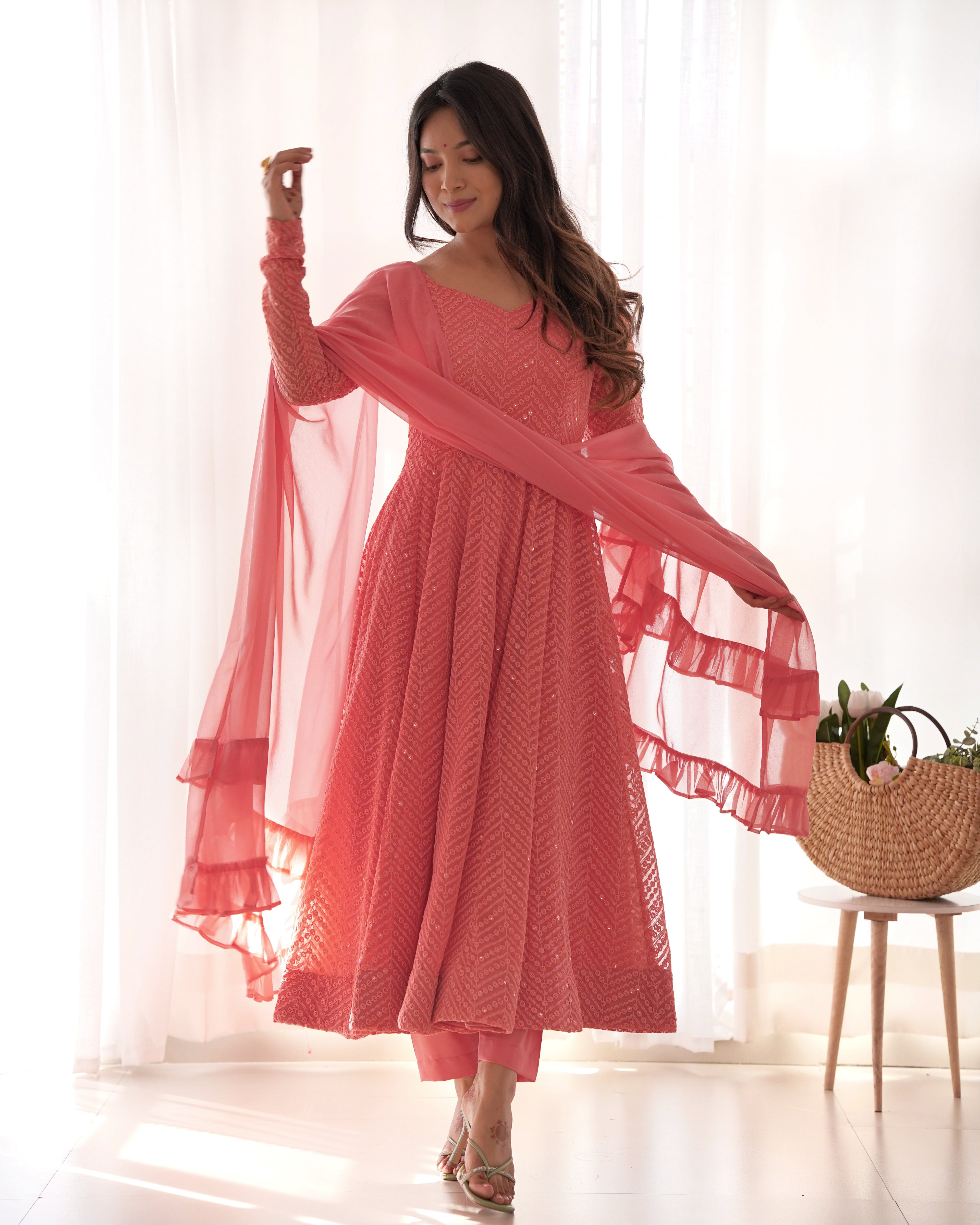 Peach Lucknowi Work Anarkali Suit Set