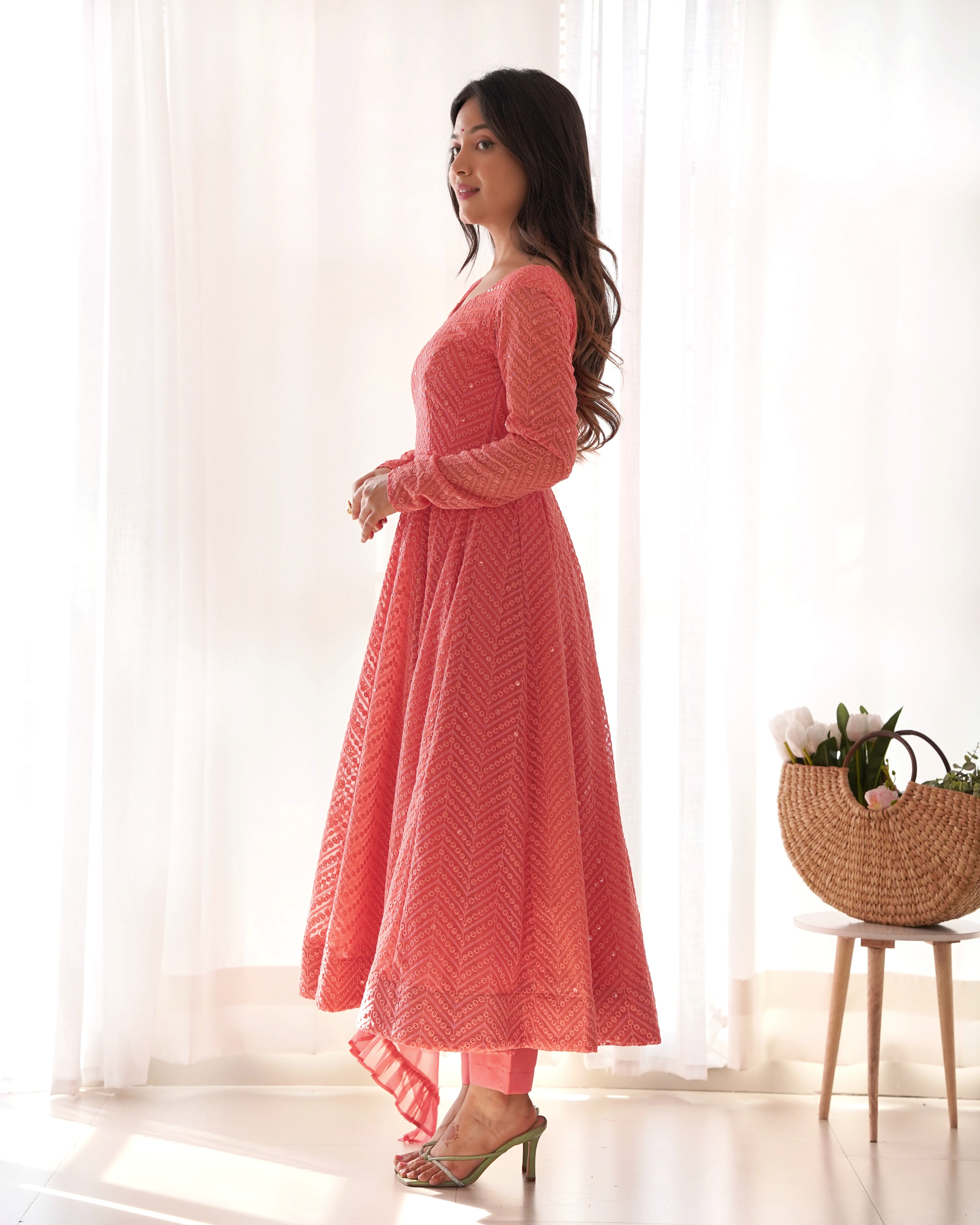 Peach Lucknowi Work Anarkali Suit Set