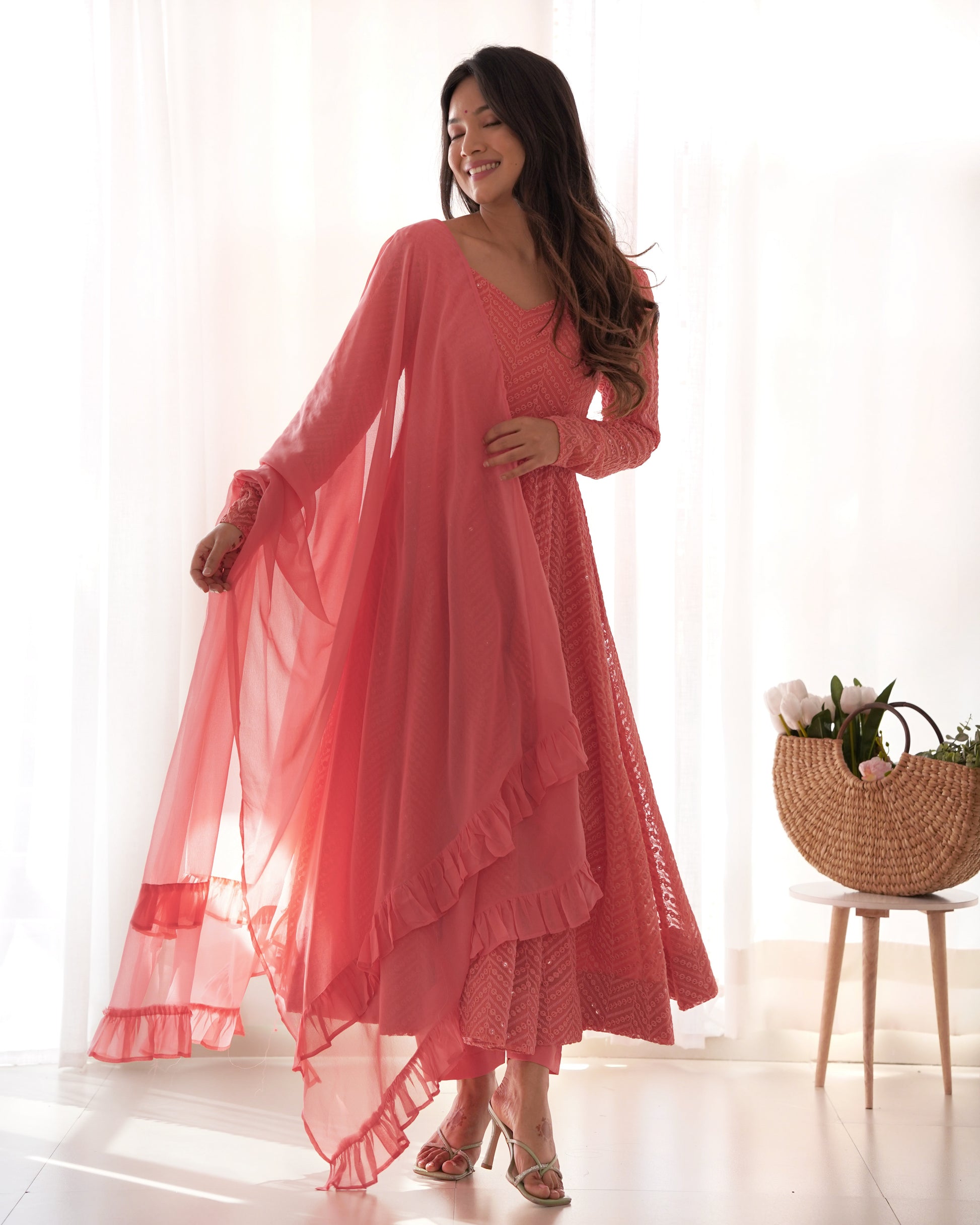 Peach Lucknowi Work Anarkali Suit Set