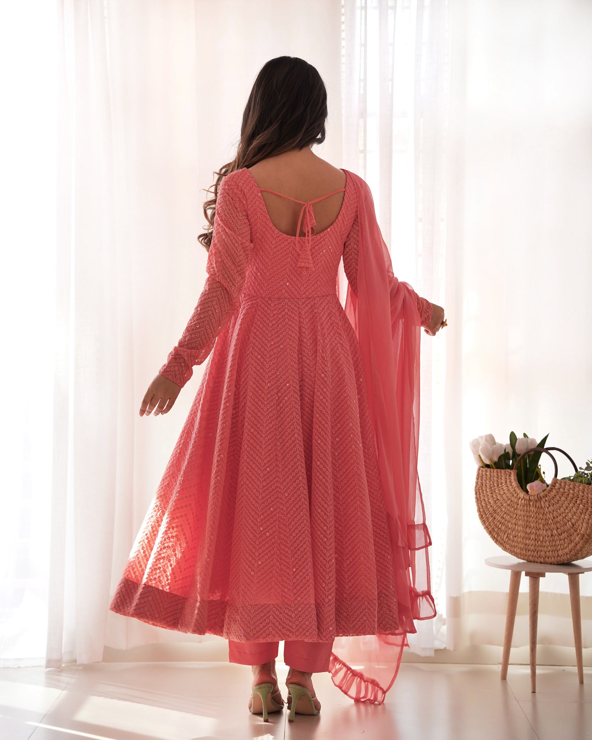Peach Lucknowi Work Anarkali Suit Set