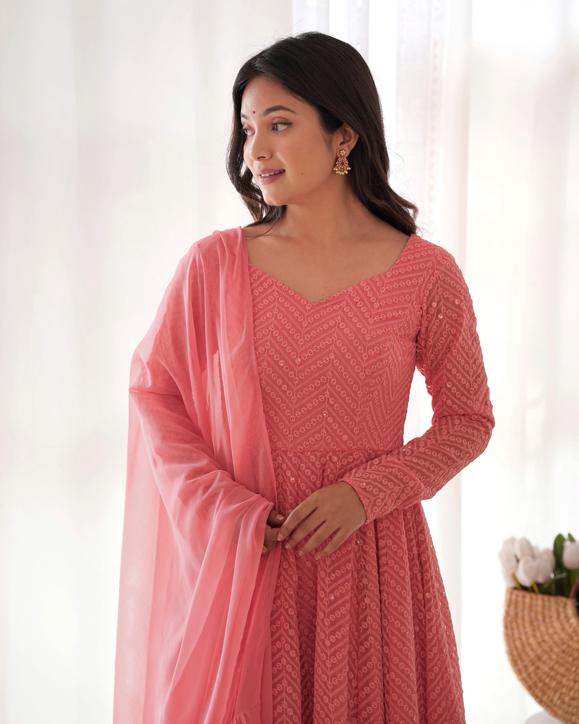Peach Lucknowi Work Anarkali Suit Set