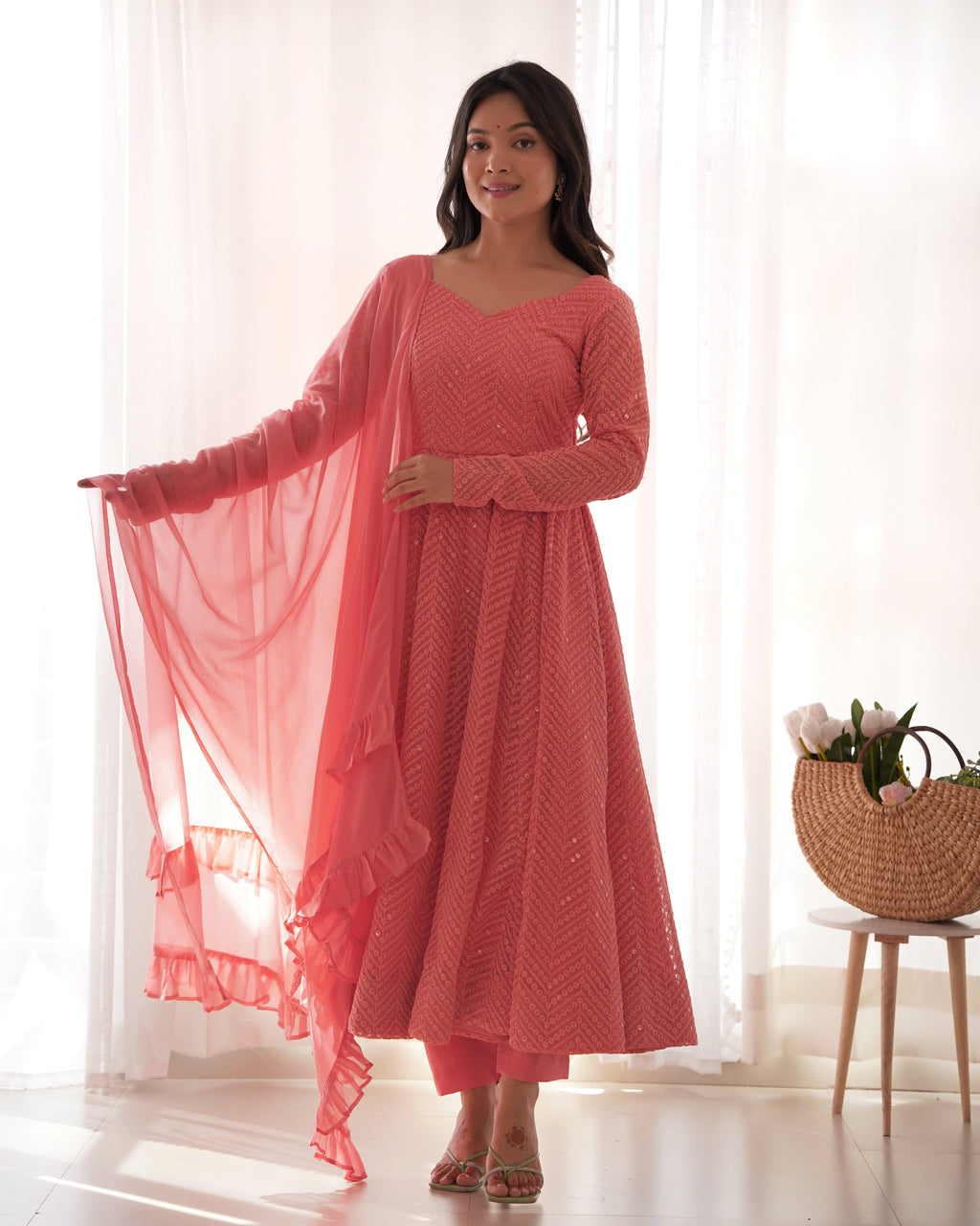 Peach Lucknowi Work Anarkali Suit Set