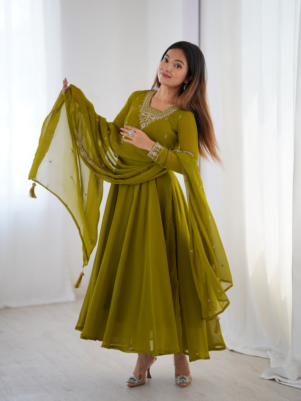 Green Georgette Full Sleeve Anarkali Set