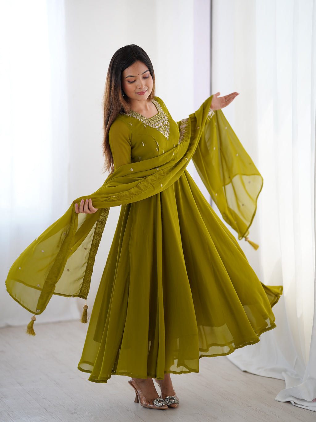 Green Georgette Full Sleeve Anarkali Set