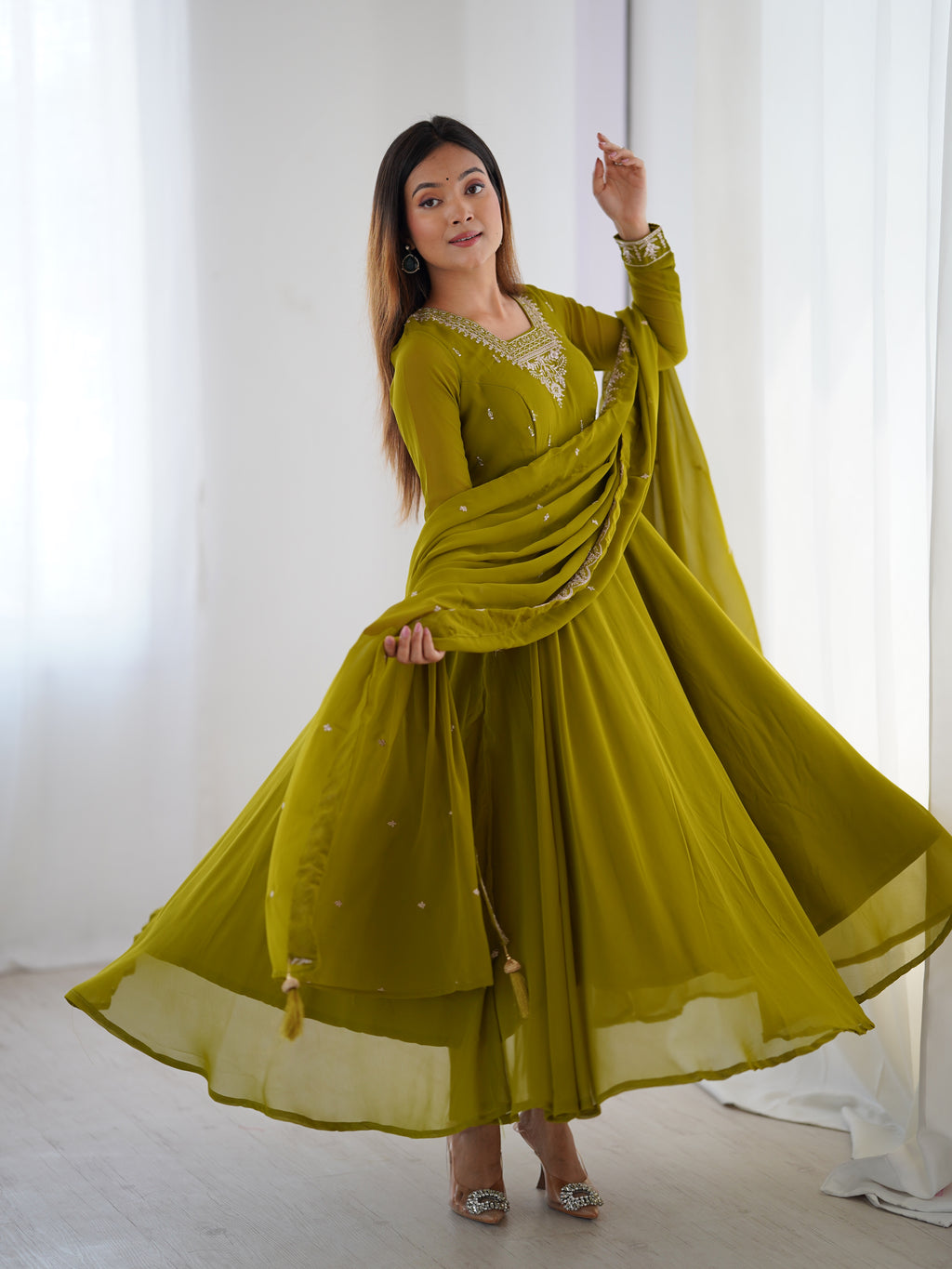 Green Georgette Full Sleeve Anarkali Set