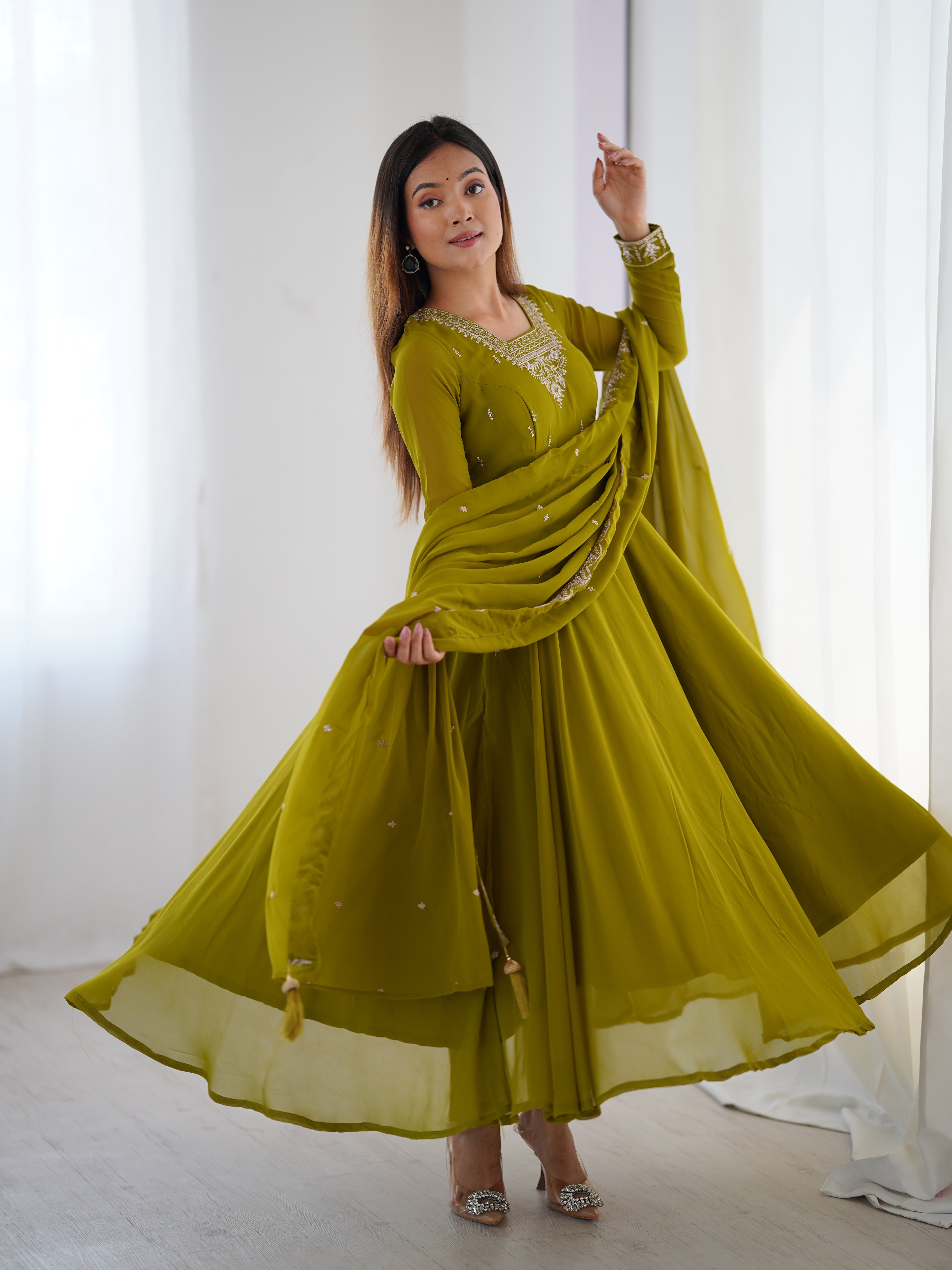 Green Georgette Full Sleeve Anarkali Set