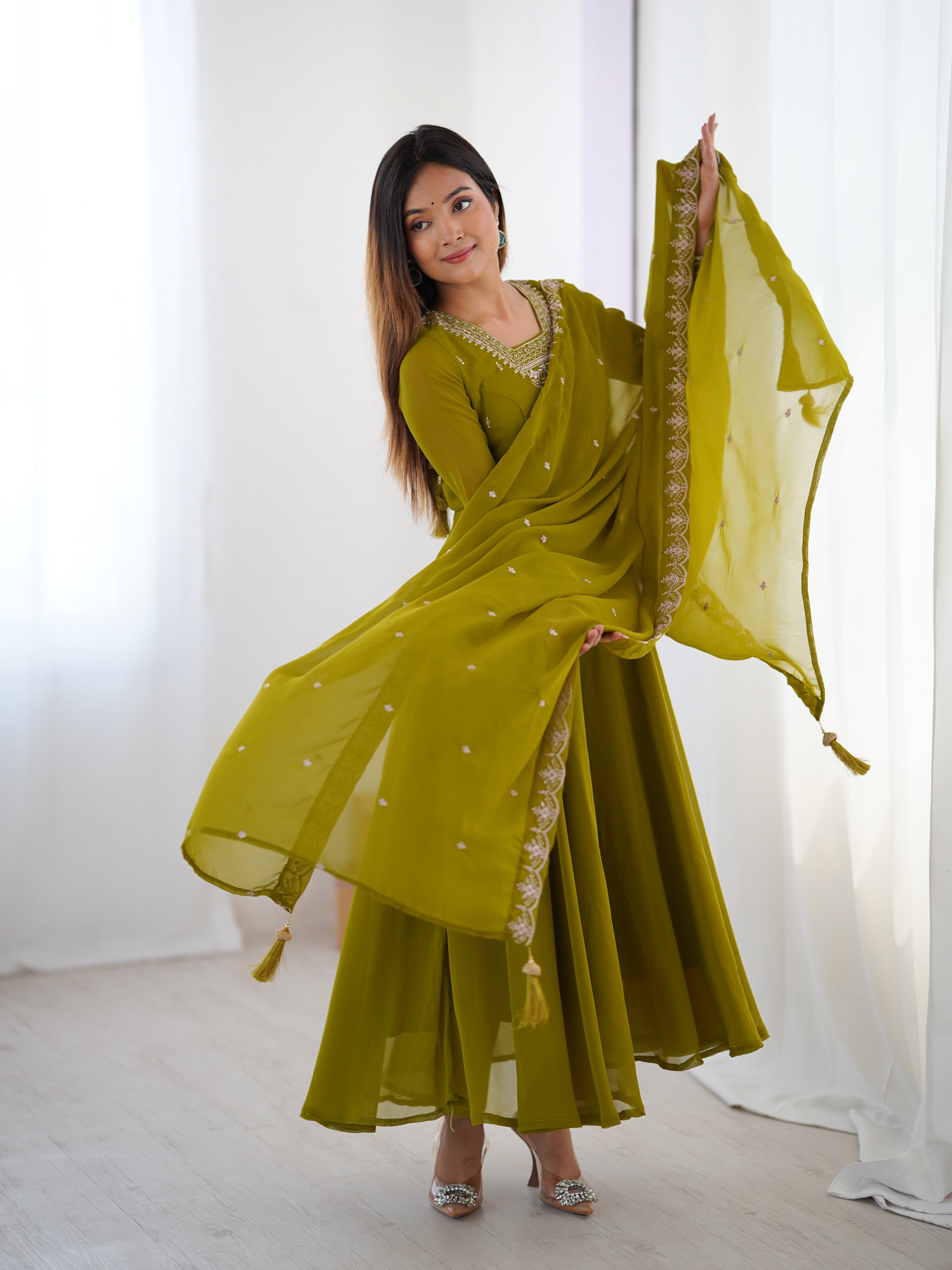 Green Georgette Full Sleeve Anarkali Set