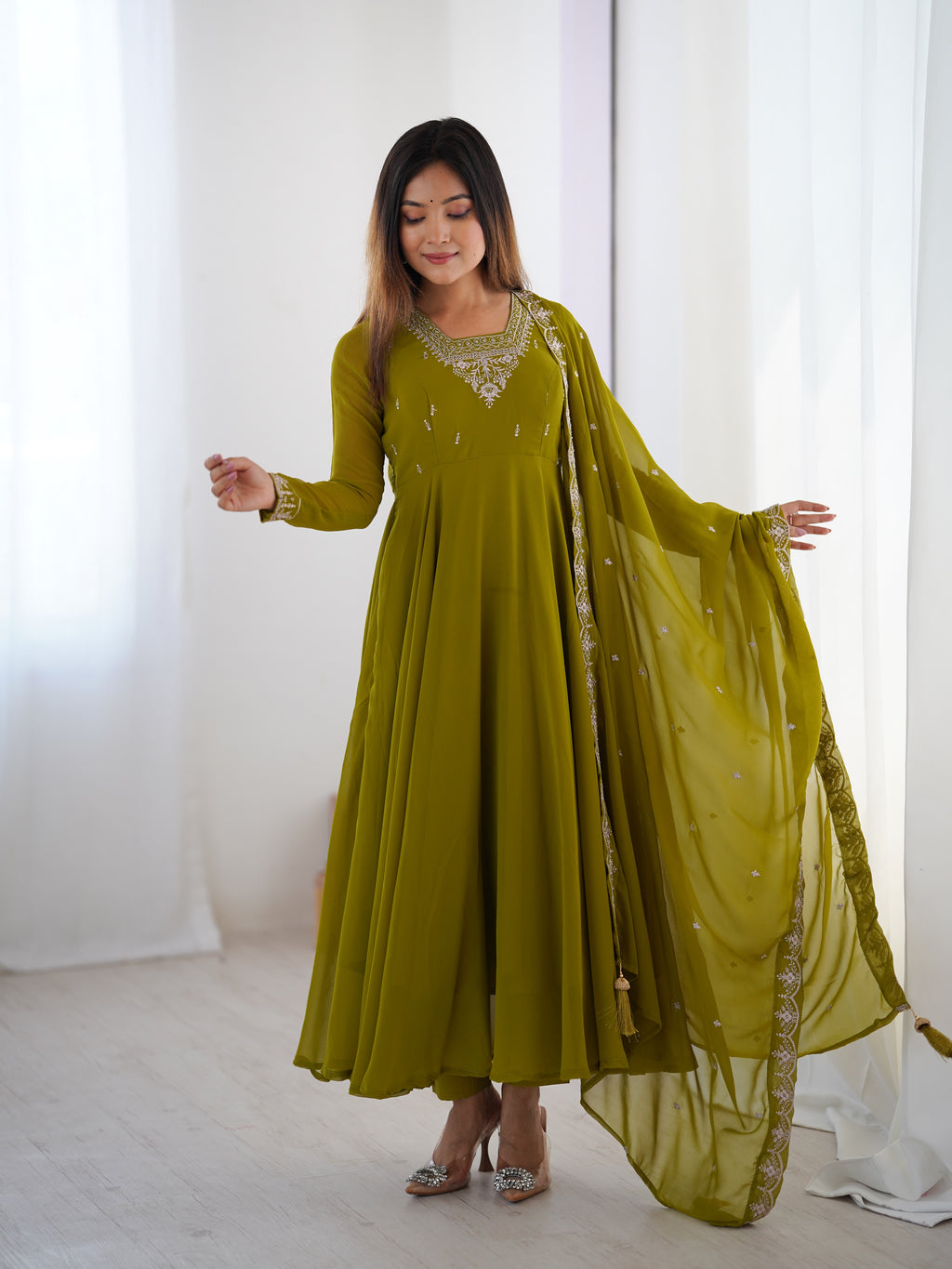 Green Georgette Full Sleeve Anarkali Set