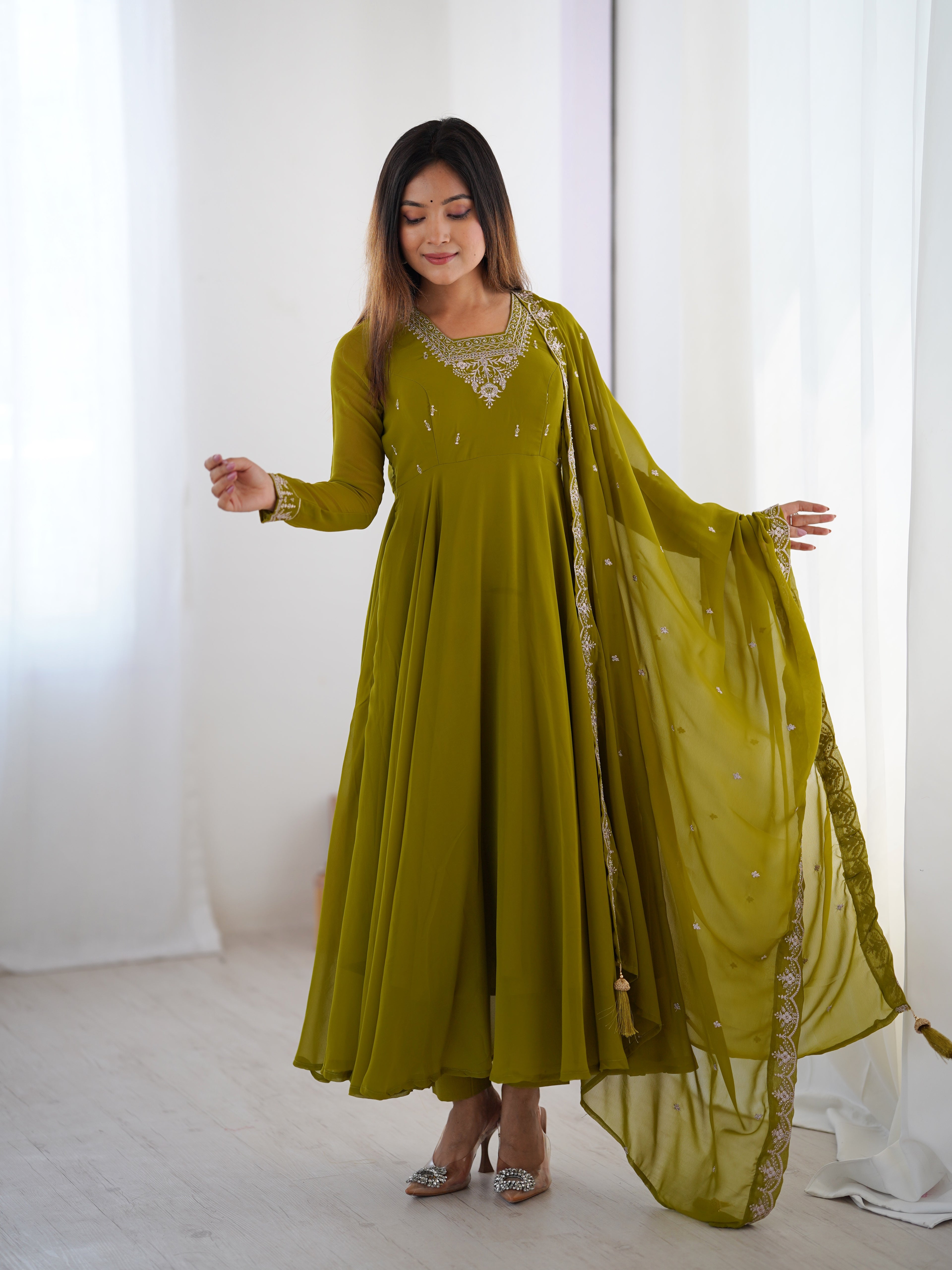 Green Georgette Full Sleeve Anarkali Set