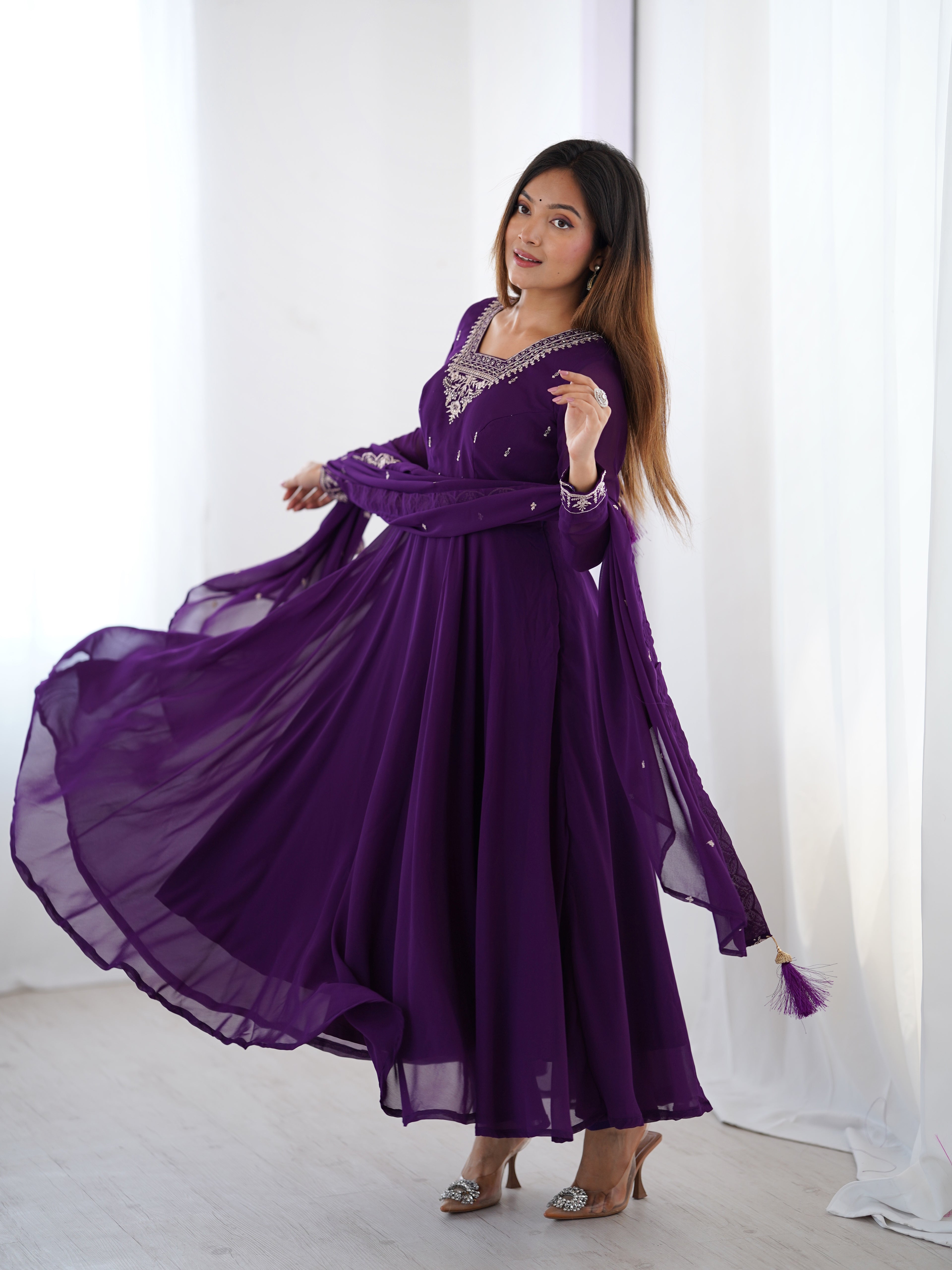 Purple Georgette Full Sleeve Anarkali Set