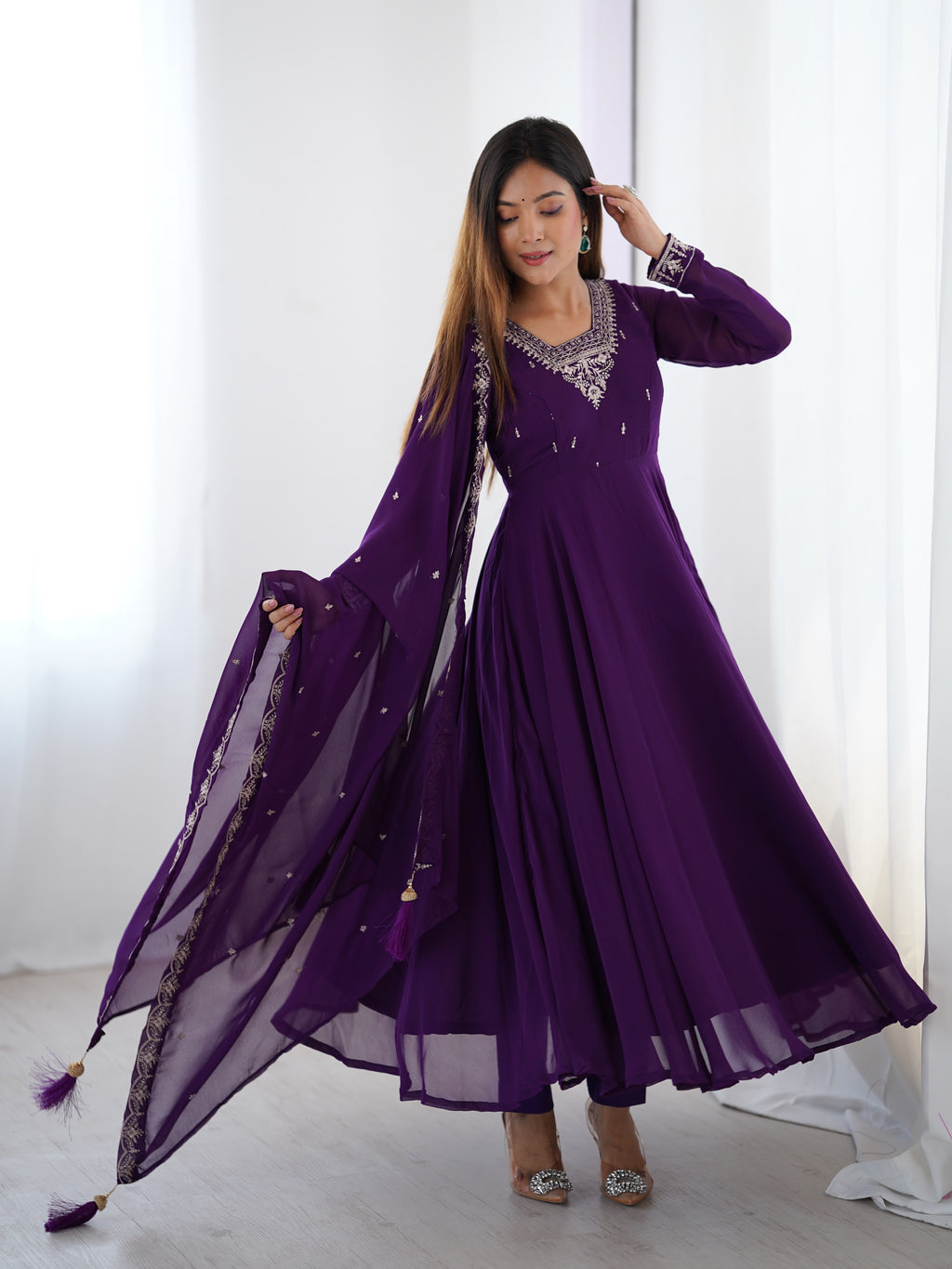 Purple Georgette Full Sleeve Anarkali Set