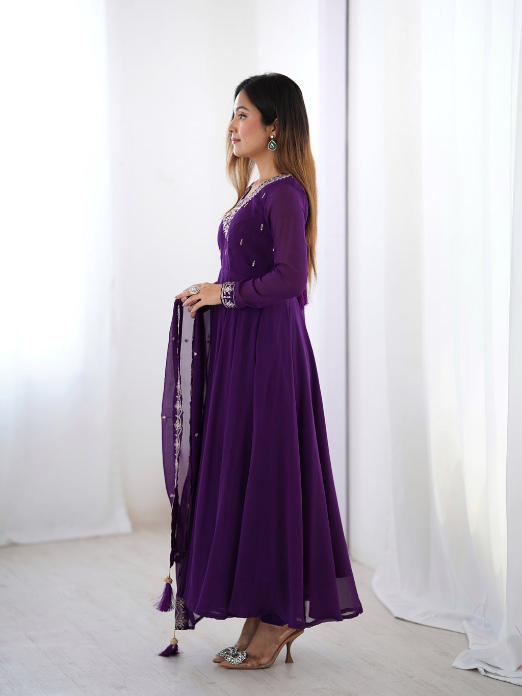Purple Georgette Full Sleeve Anarkali Set