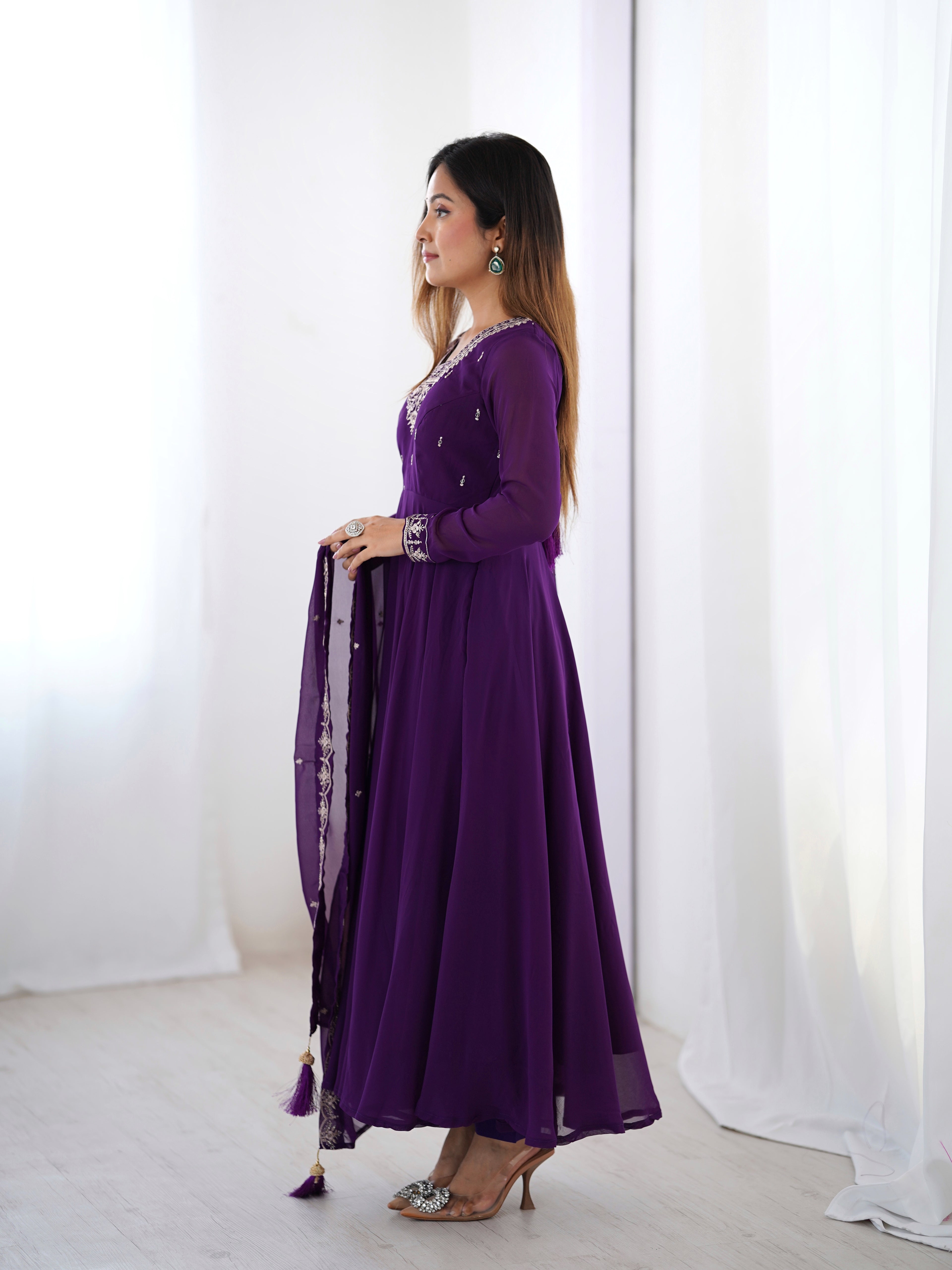 Purple Georgette Full Sleeve Anarkali Set