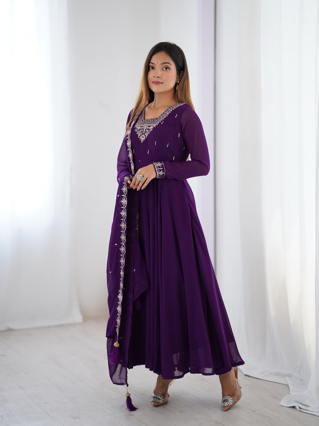 Purple Georgette Full Sleeve Anarkali Set