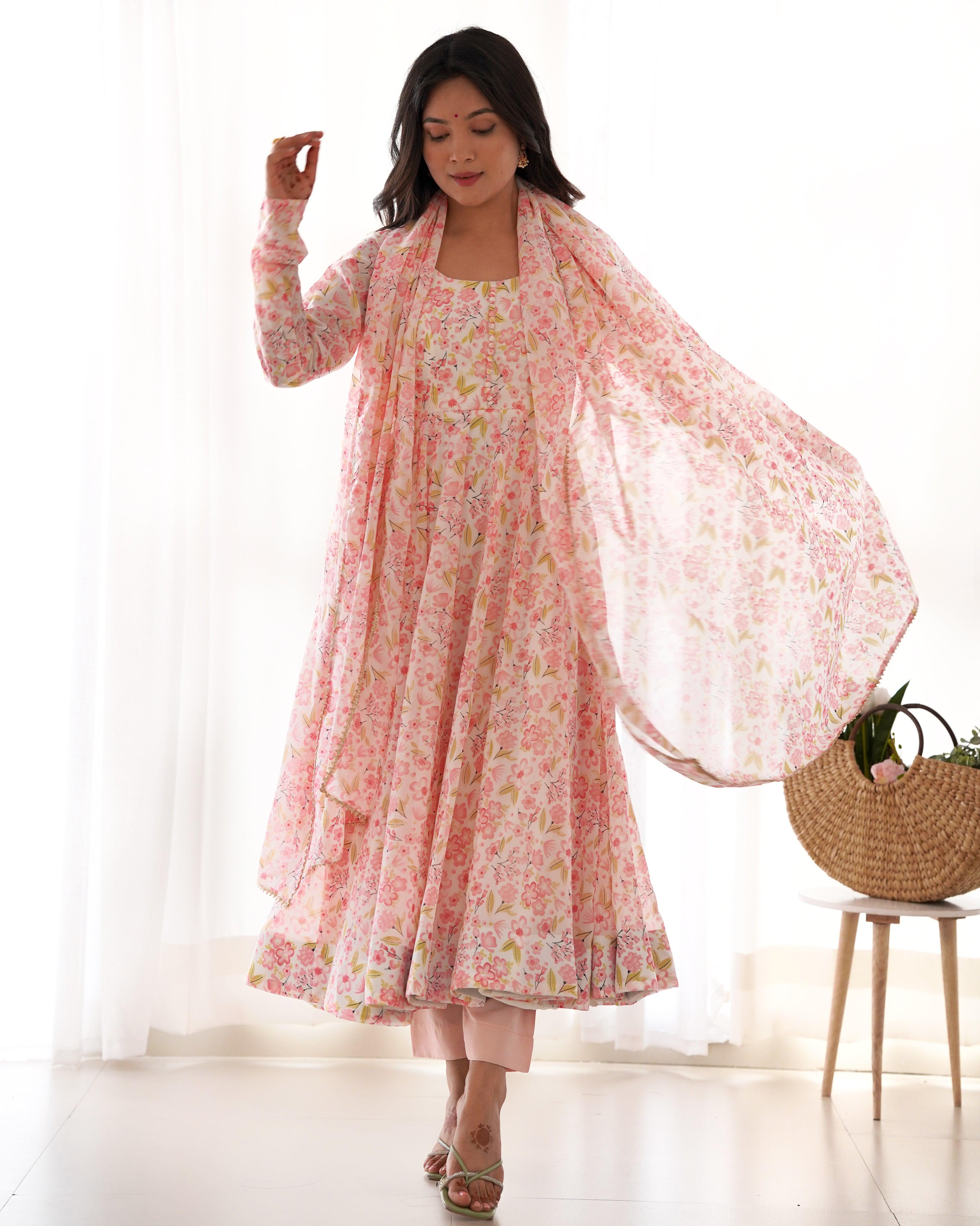 Peach Organza Floral Printed Anarkali Set