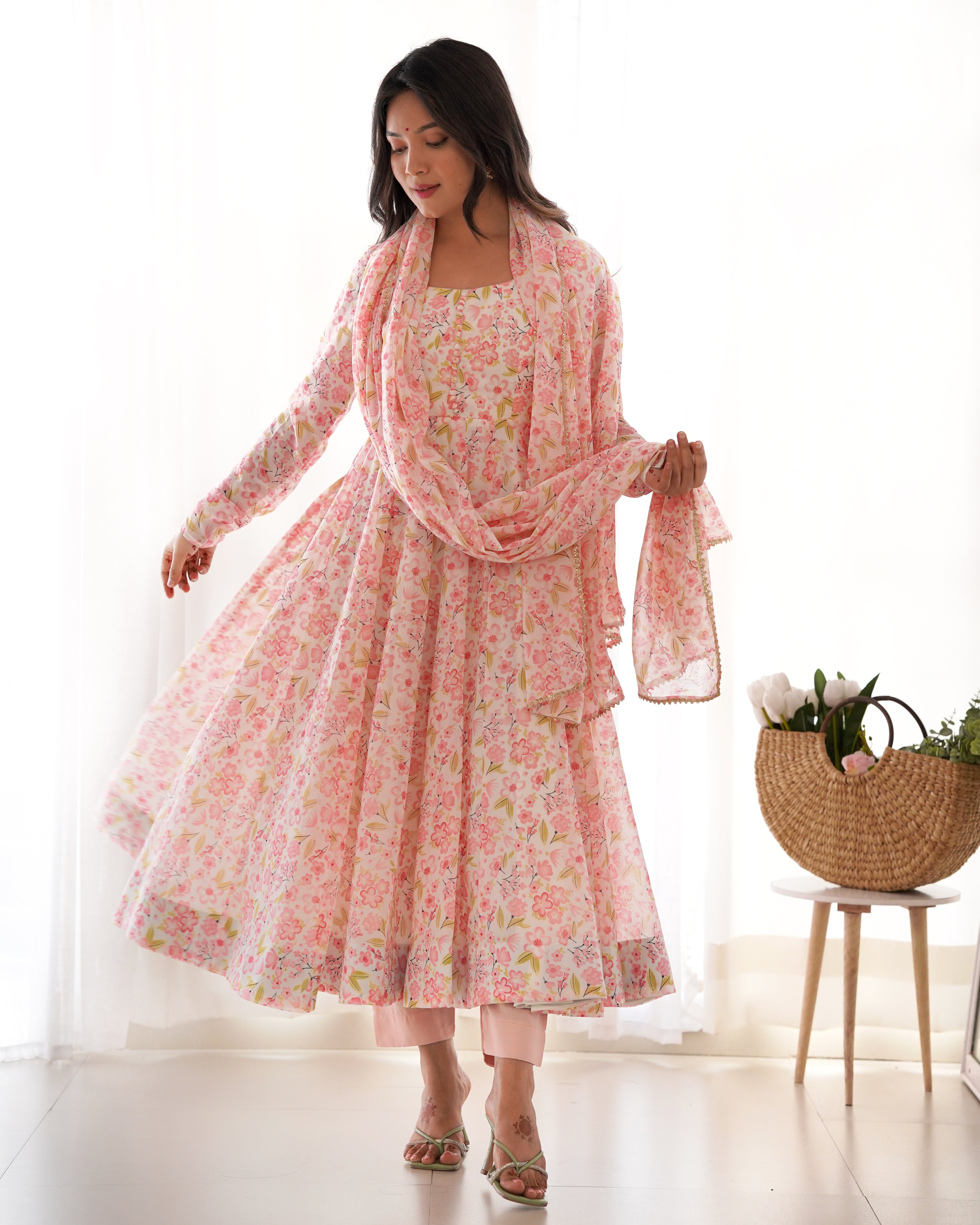 Peach Organza Floral Printed Anarkali Set