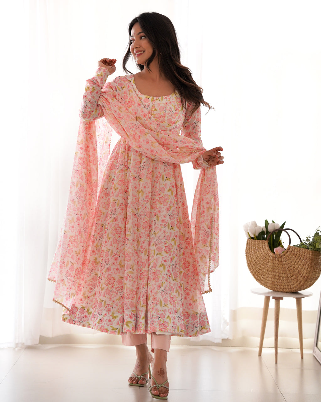 Peach Organza Floral Printed Anarkali Set