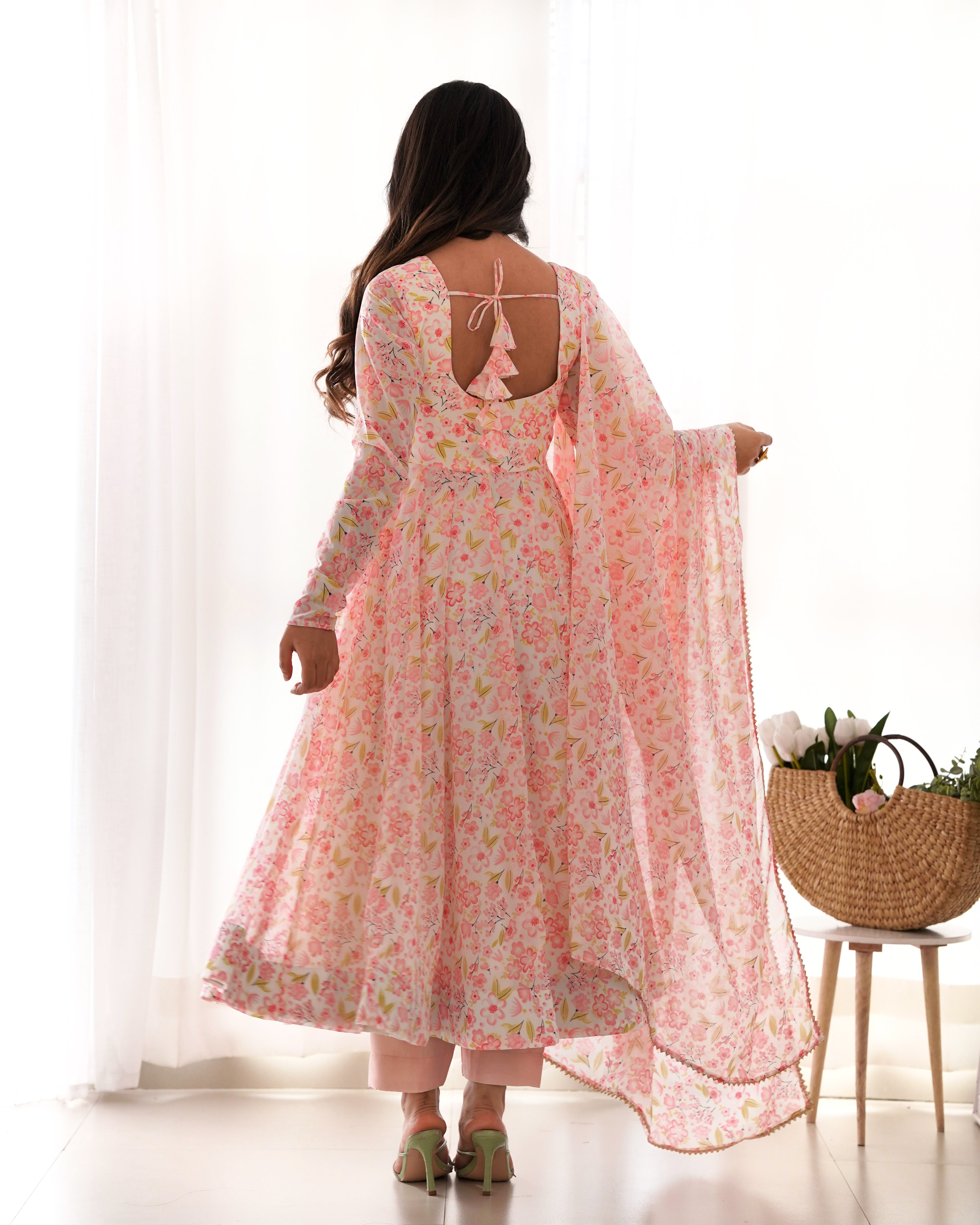 Peach Organza Floral Printed Anarkali Set