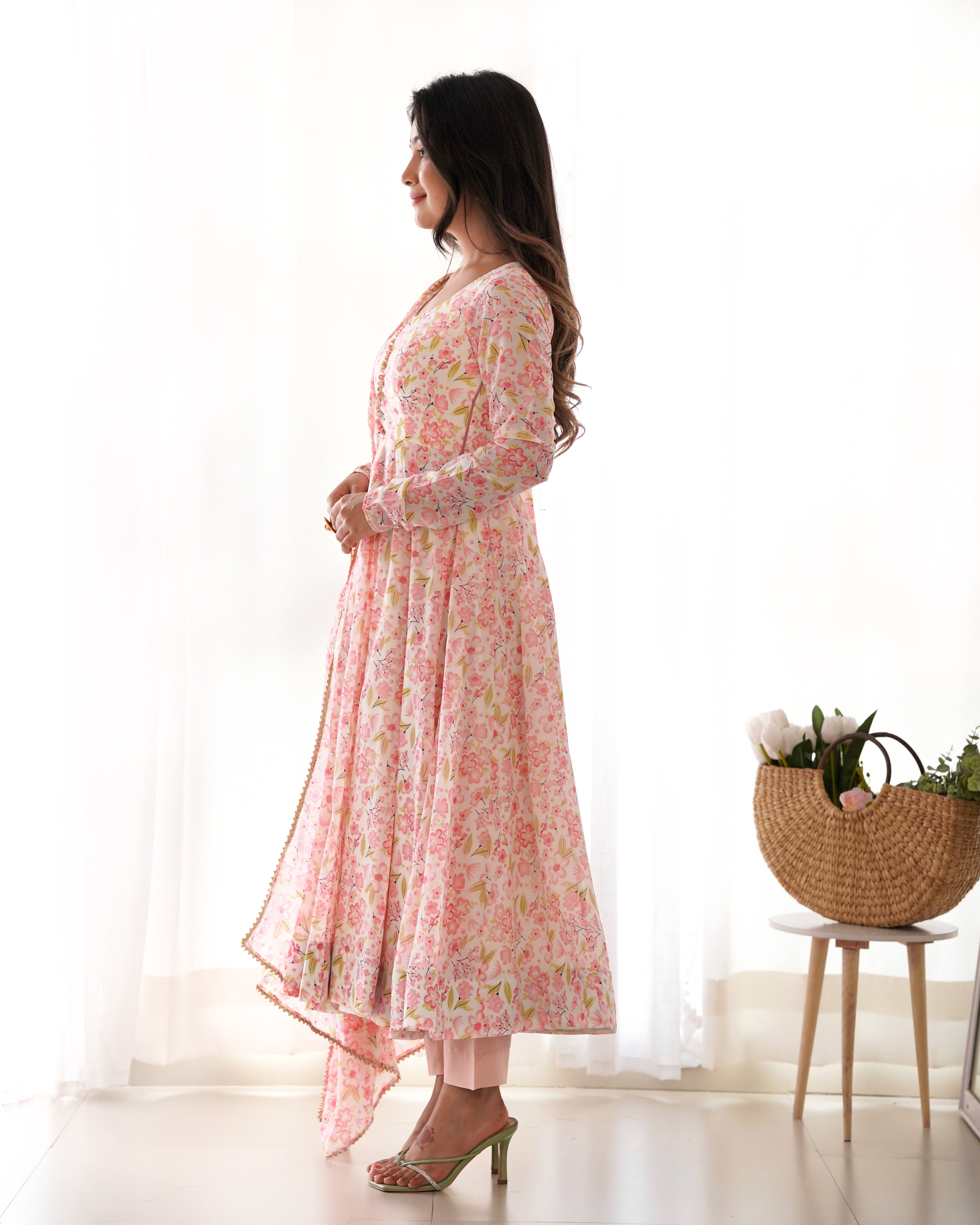Peach Organza Floral Printed Anarkali Set