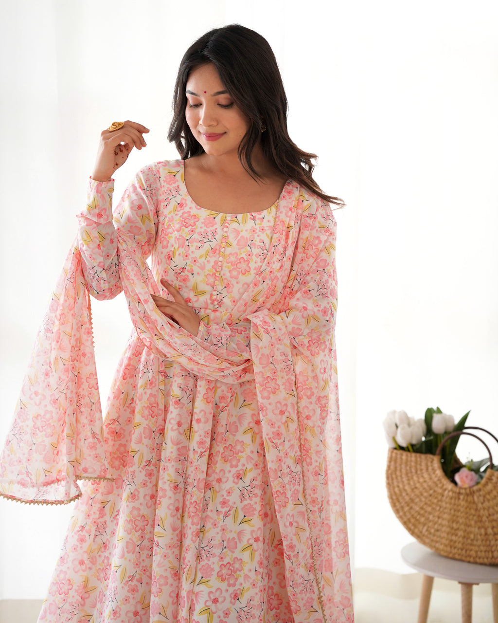 Peach Organza Floral Printed Anarkali Set