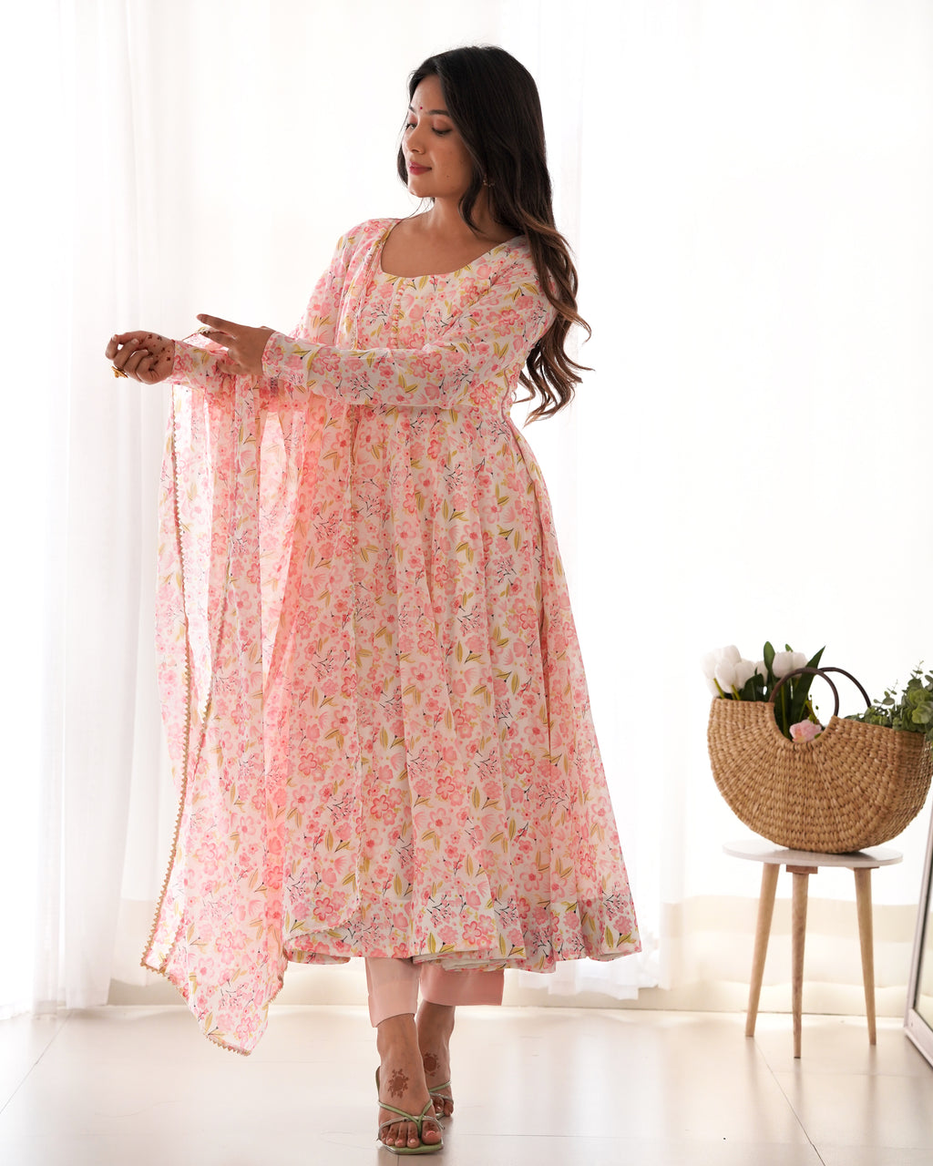 Peach Organza Floral Printed Anarkali Set