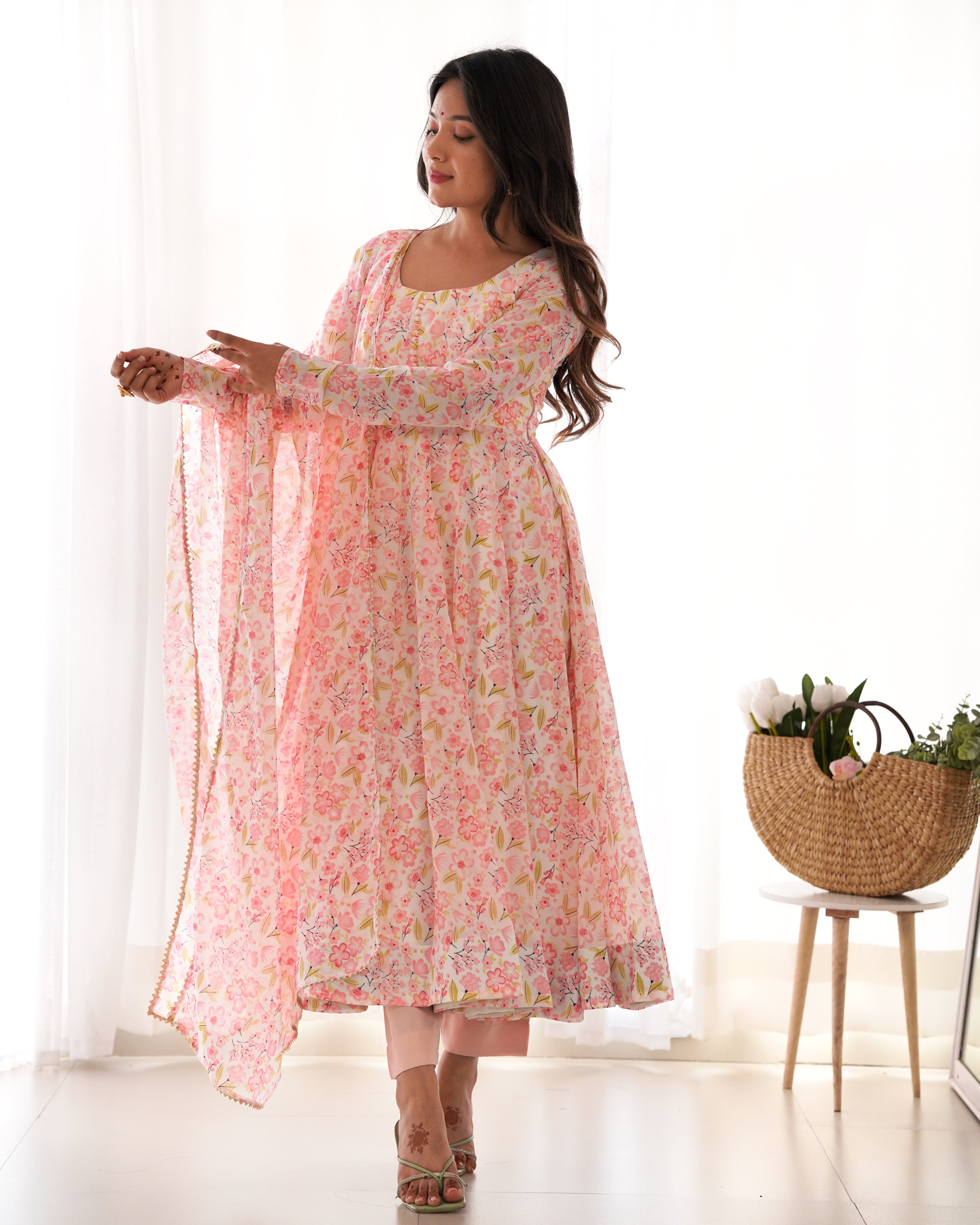 Peach Organza Floral Printed Anarkali Set
