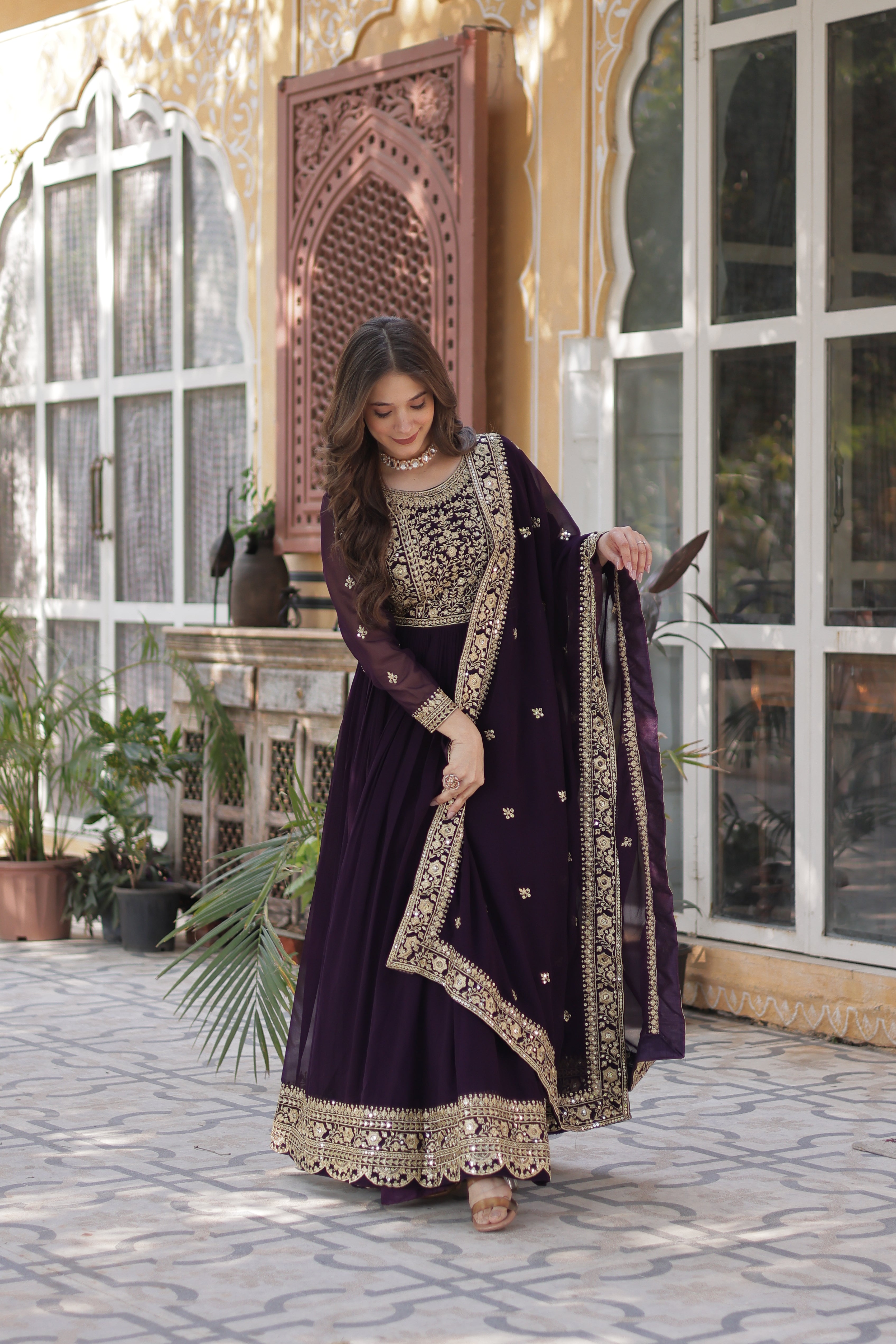 Wine Georgette Festive Anarkali Gown