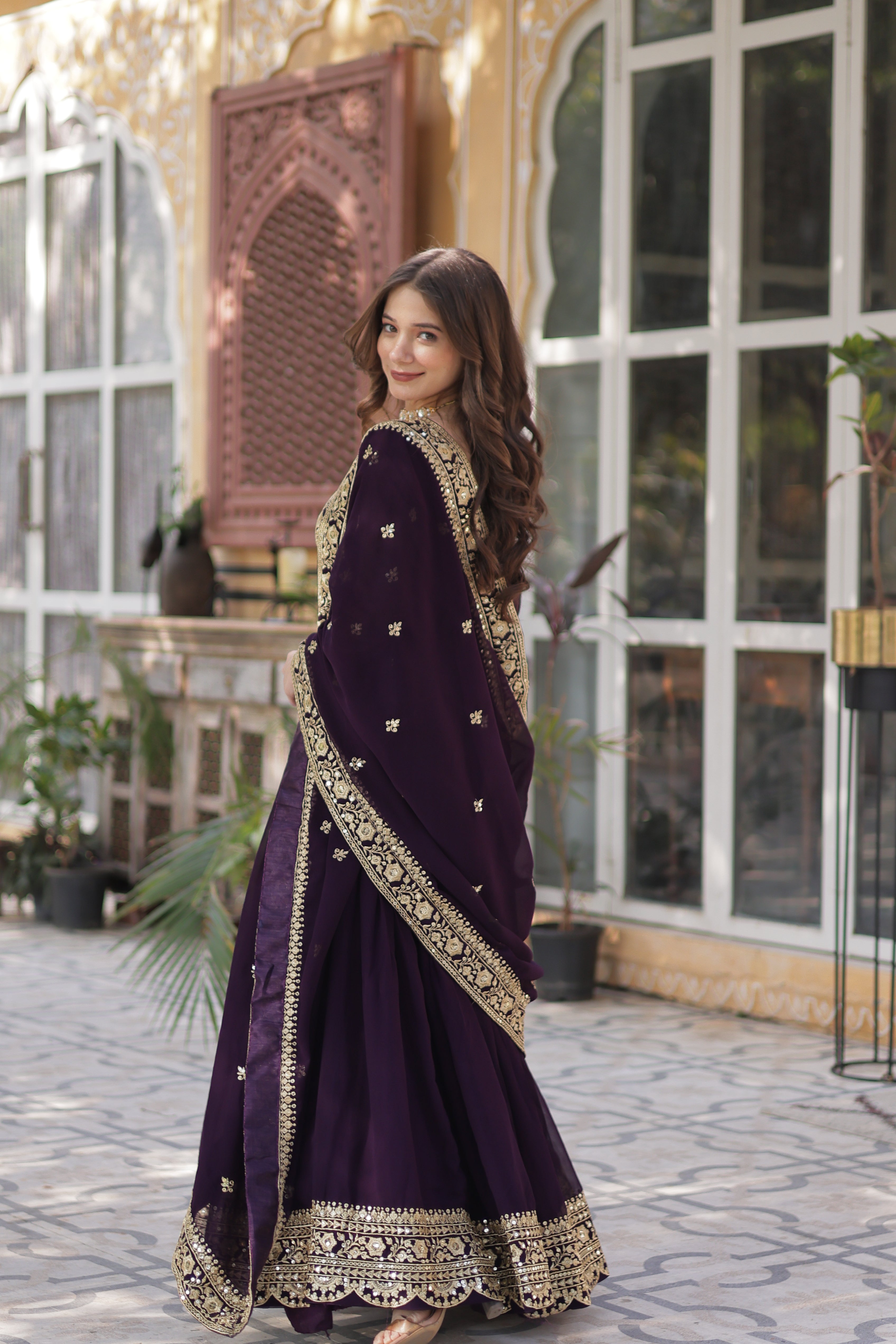 Wine Georgette Festive Anarkali Gown