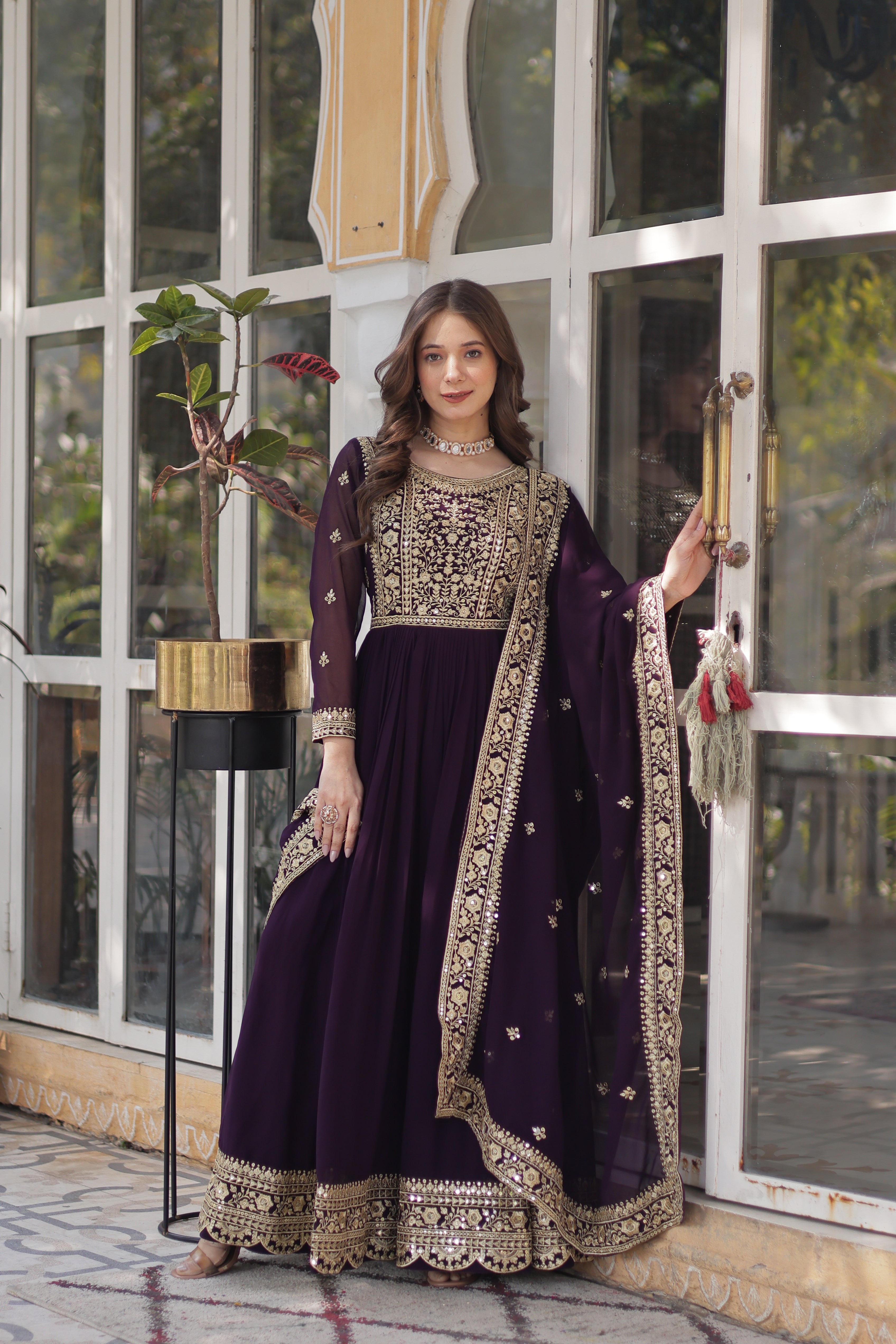 Wine Georgette Festive Anarkali Gown