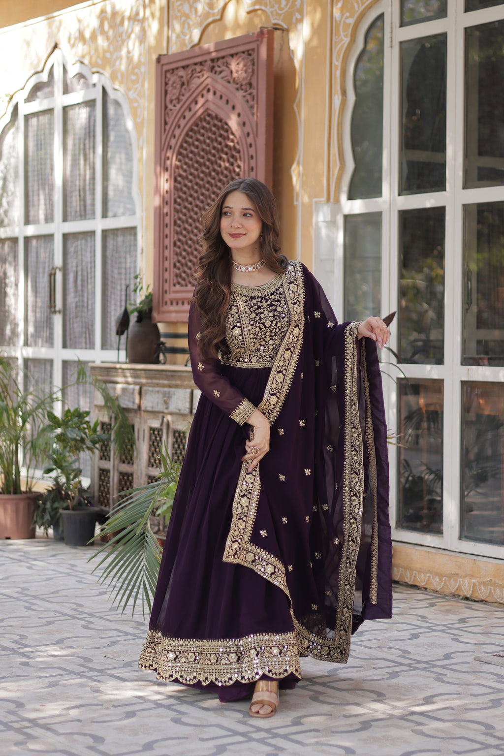 Wine Georgette Festive Anarkali Gown