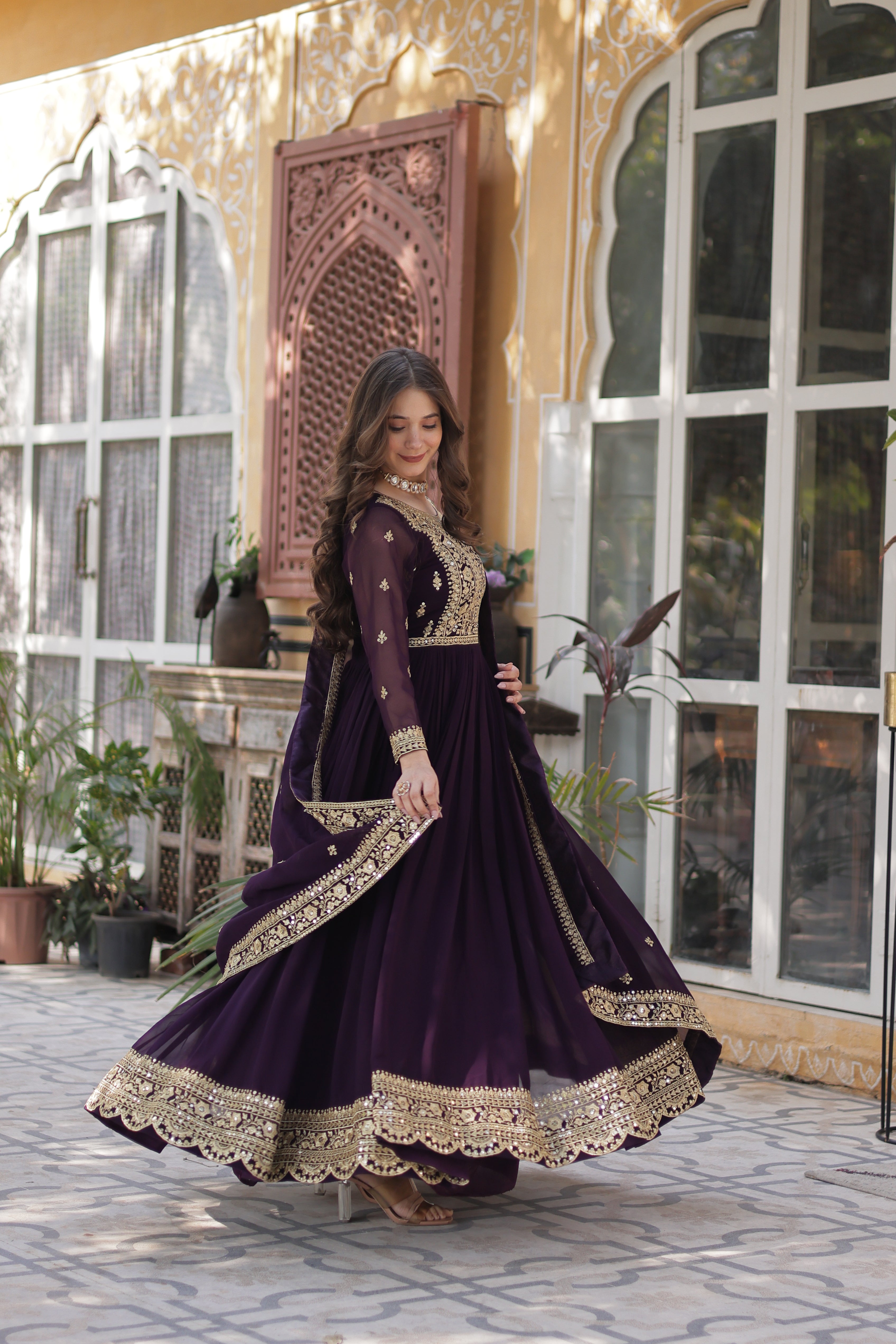 Wine Georgette Festive Anarkali Gown