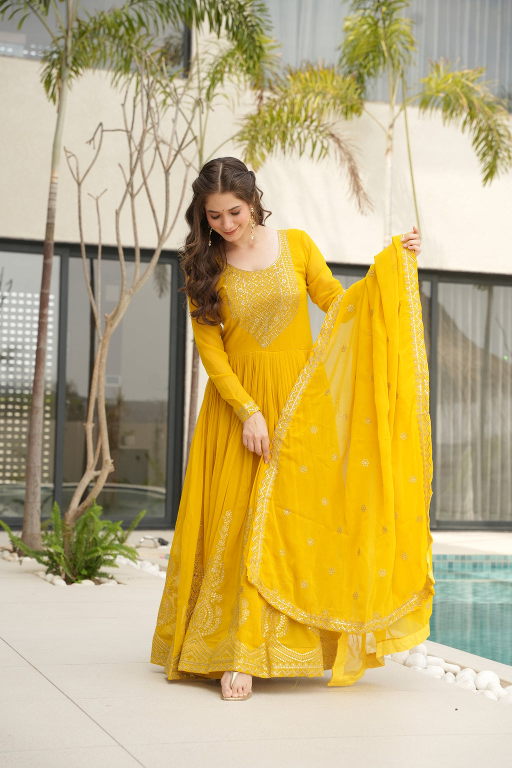Yellow Embroidery Anarkali Dress With Dupatta