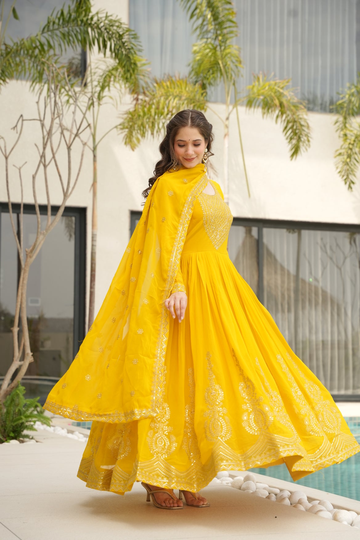 Yellow Embroidery Anarkali Dress With Dupatta