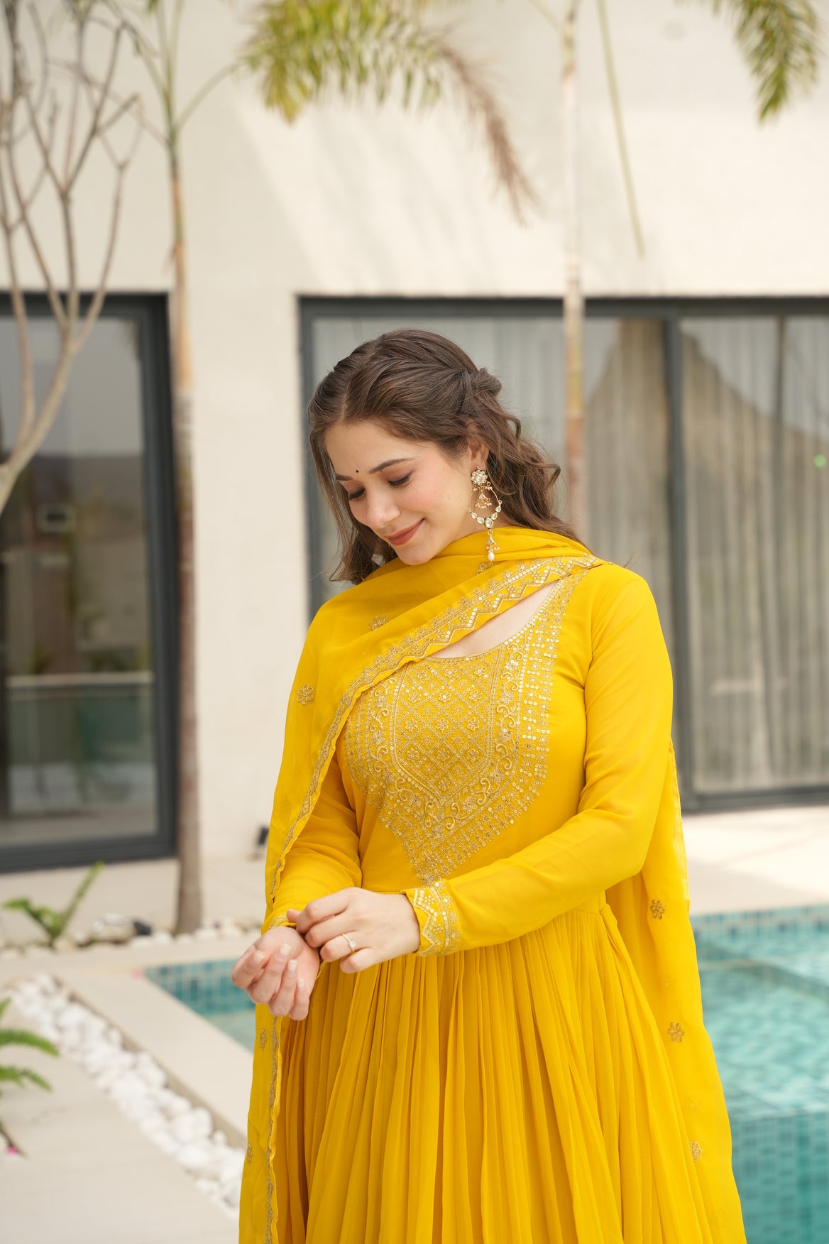 Yellow Embroidery Anarkali Dress With Dupatta