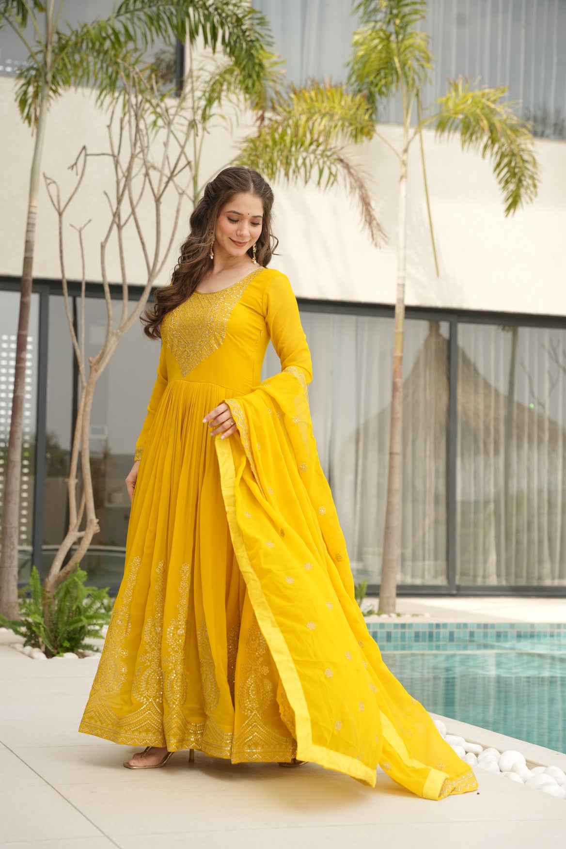 Yellow Embroidery Anarkali Dress With Dupatta